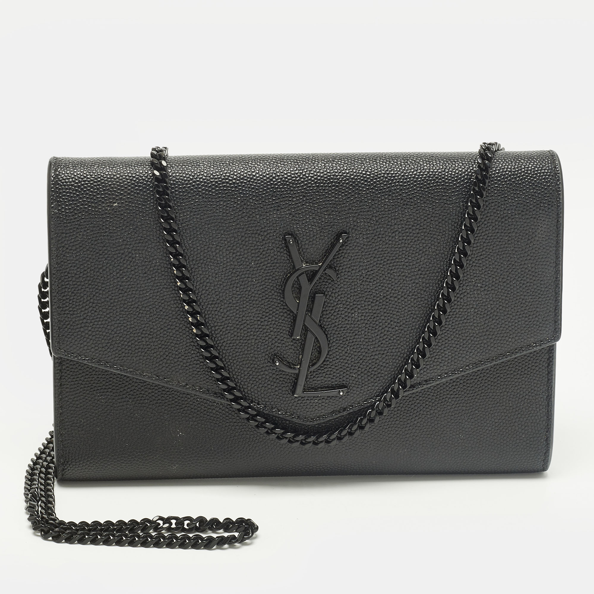 Pre-owned Saint Laurent Uptown Black Leather Wallet On Chain