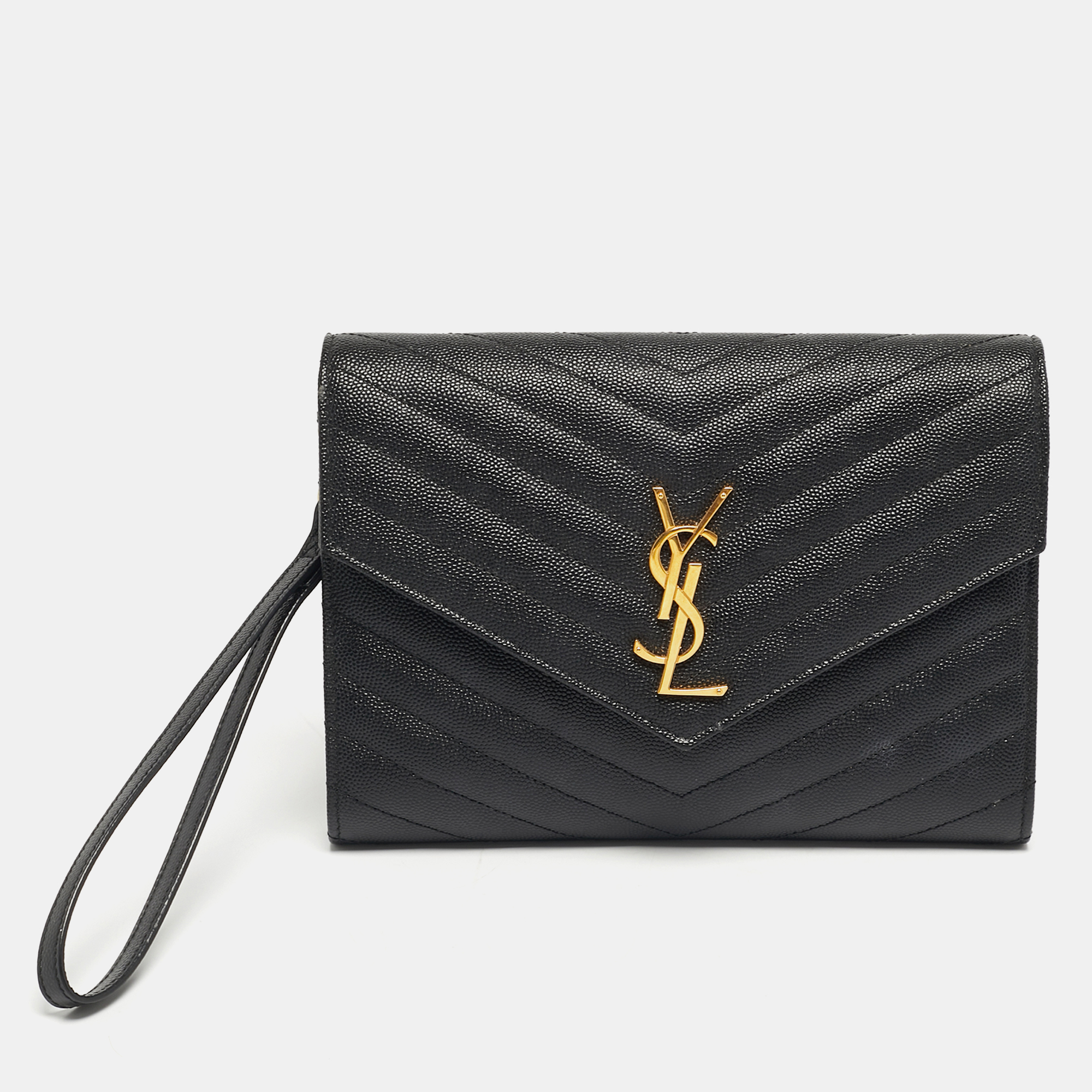 

Saint Laurent Cassandre Black Matelassé Leather Envelope Pouch Clutch