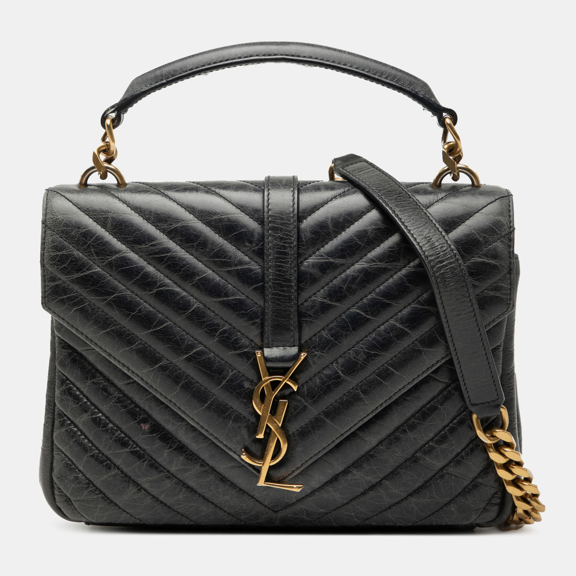 

Saint Laurent Paris Black Medium Chevron Sheepskin Monogram College Satchel