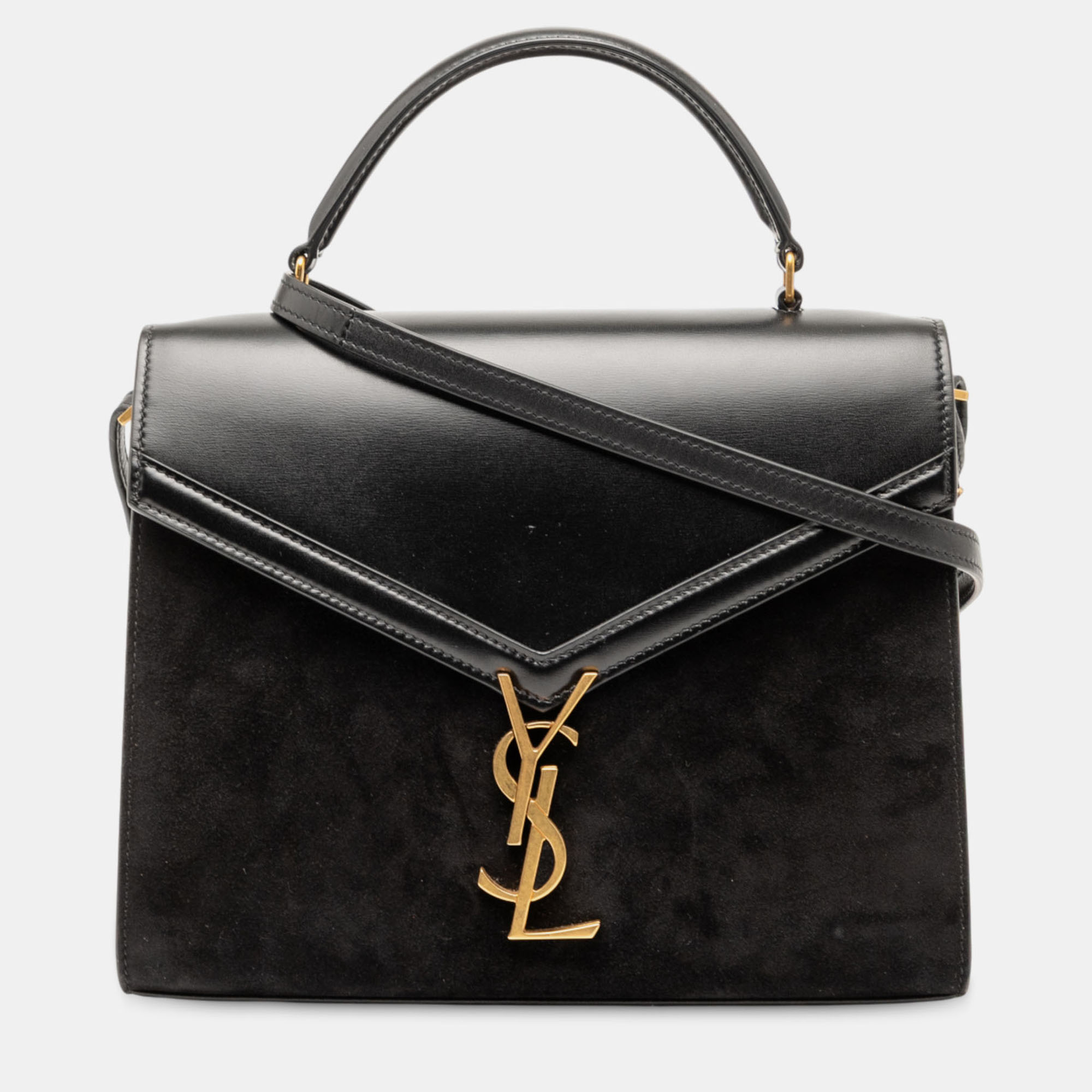 

Saint Laurent Paris Black Medium Calfskin and Suede Classic Monogram Cassandra Top Handle Bag
