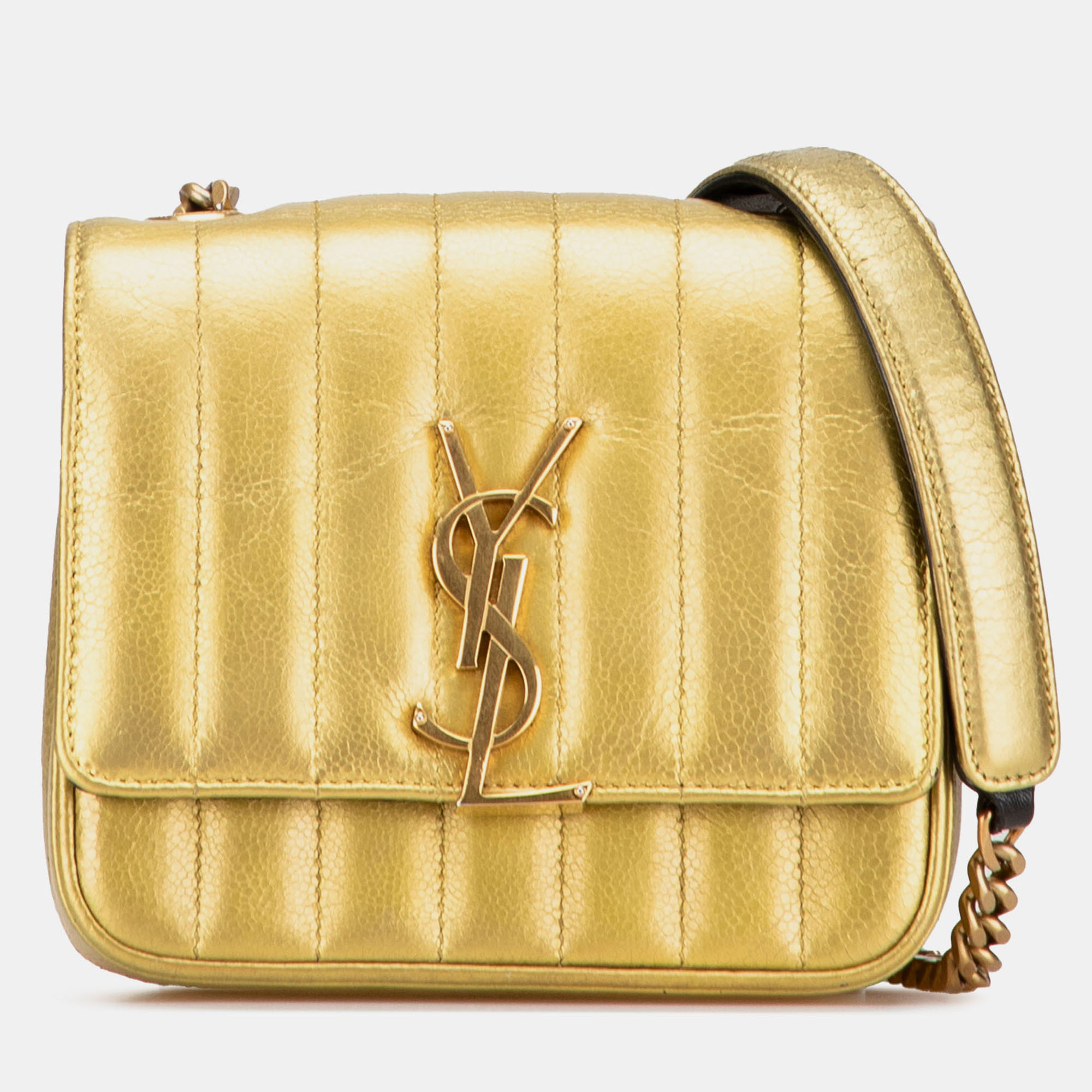 

Saint Laurent Paris Gold Small Metallic Grain De Poudre Monogram Vicky Chain Bag