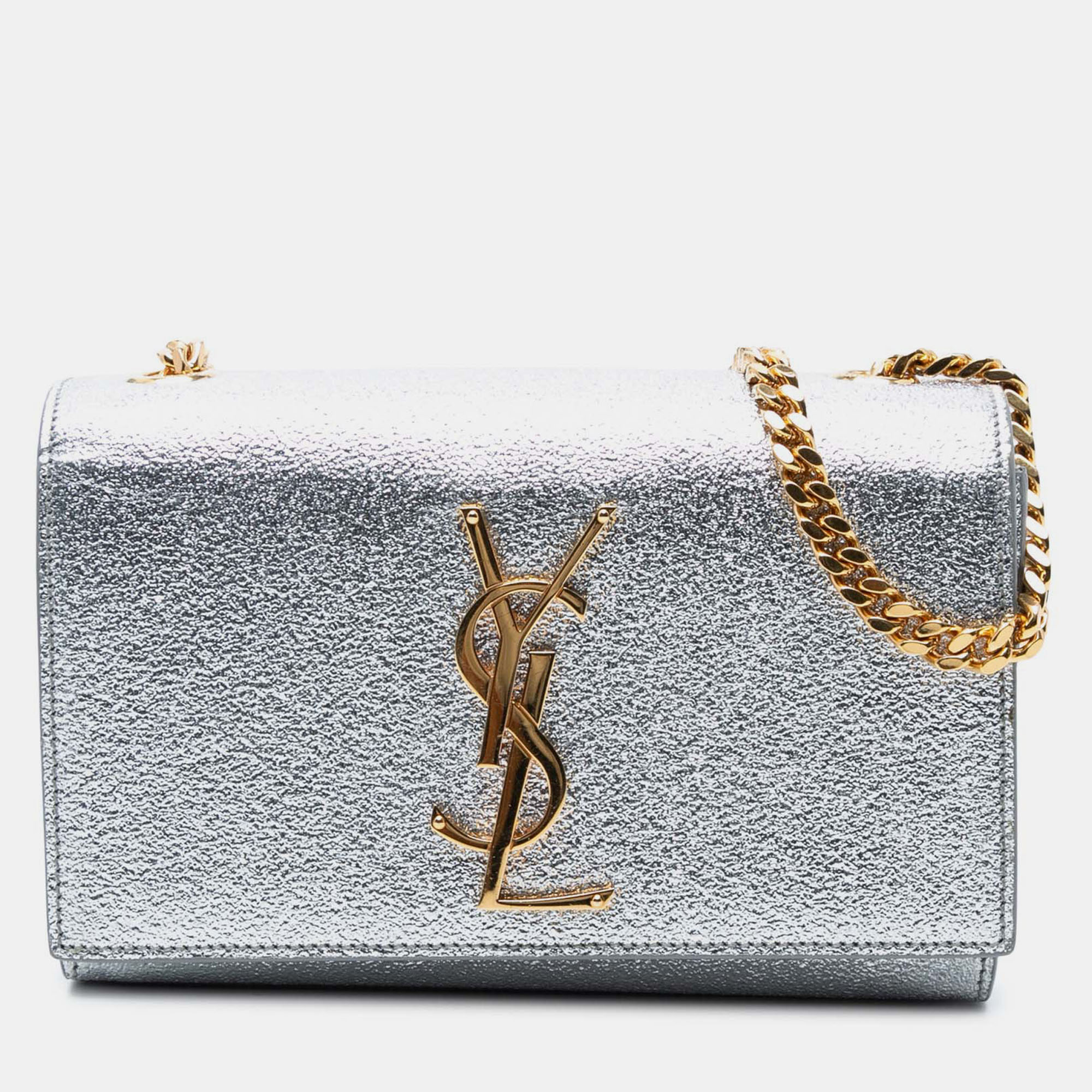 

Saint Laurent Paris Silver Small Metallic Calfskin Classic Monogram Kate Crossbody
