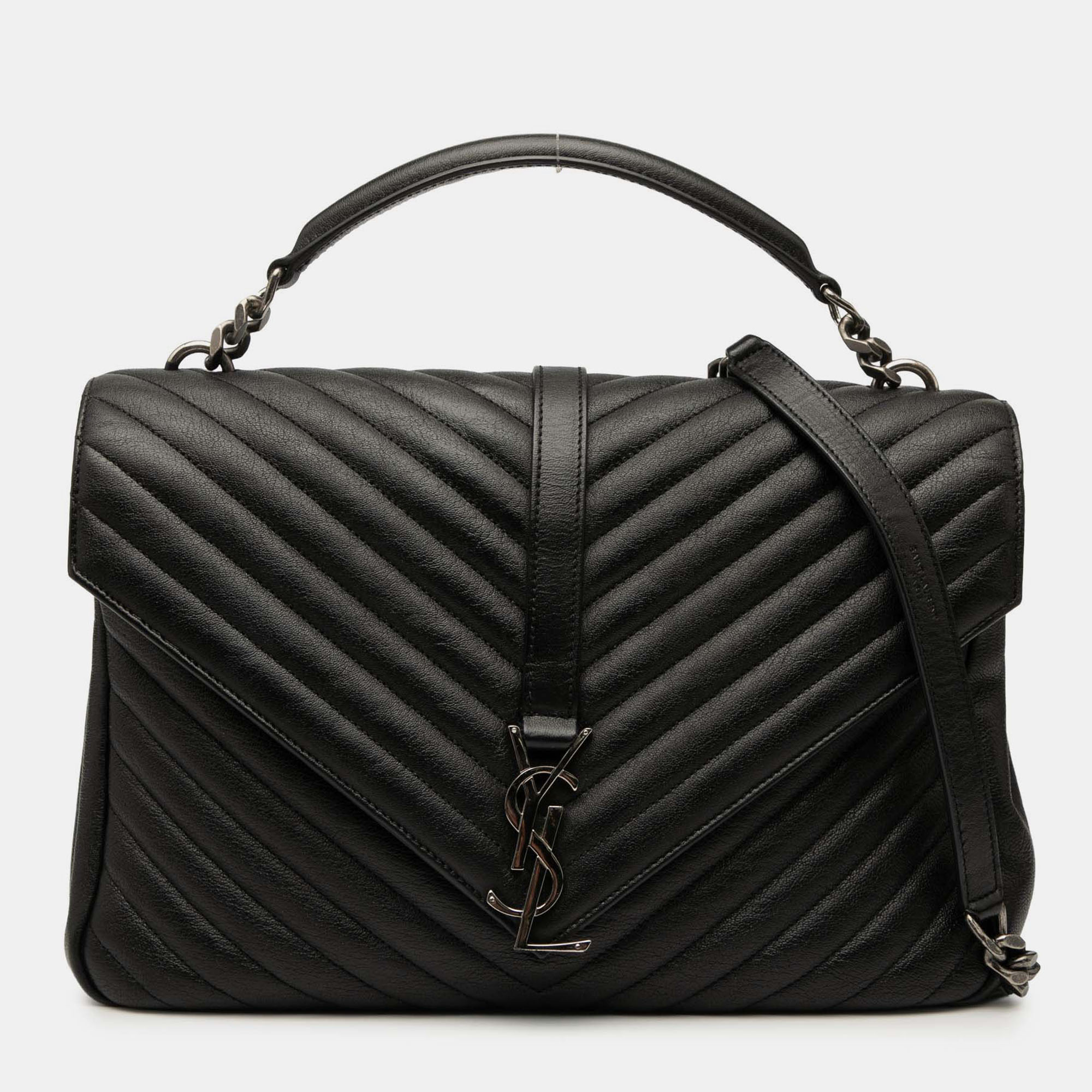 

Saint Laurent Paris Black Large Chevron Sheepskin Monogram College Bag