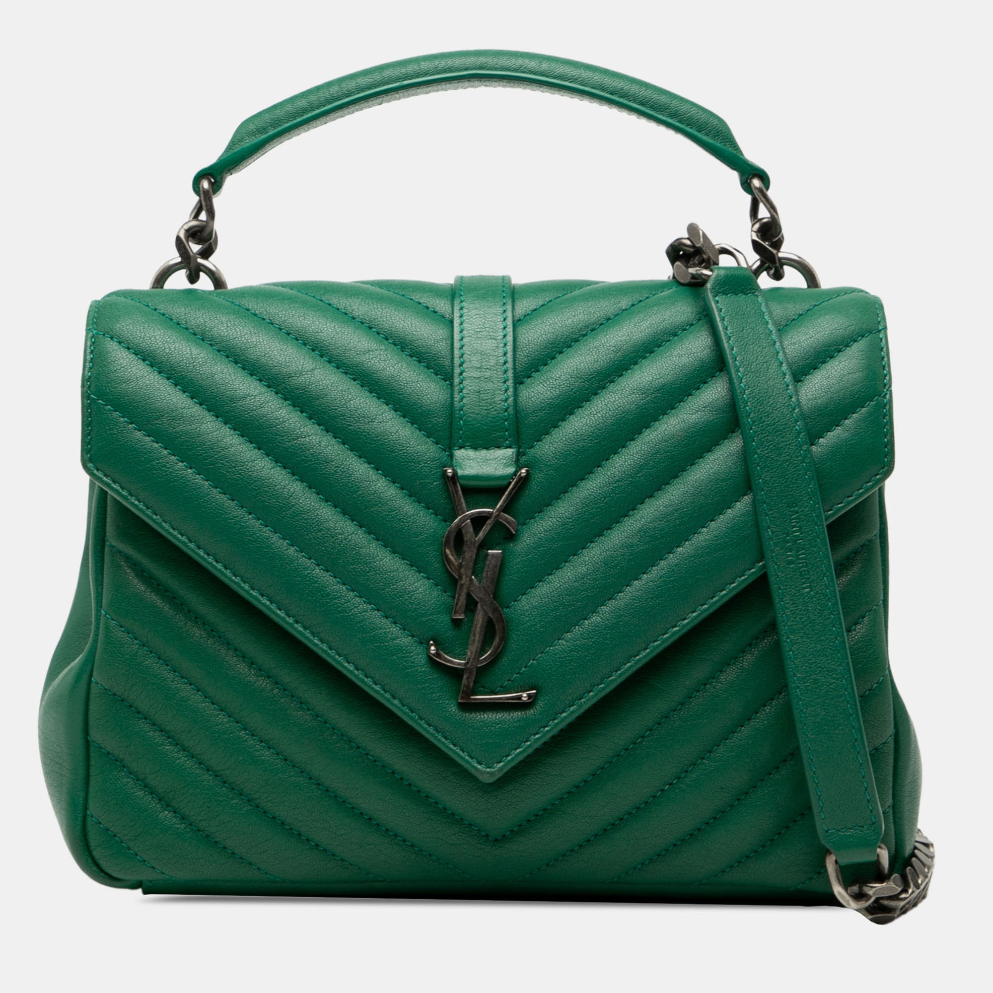 

Saint Laurent Paris Green Medium Quilted Chevron Sheepskin College Satchel