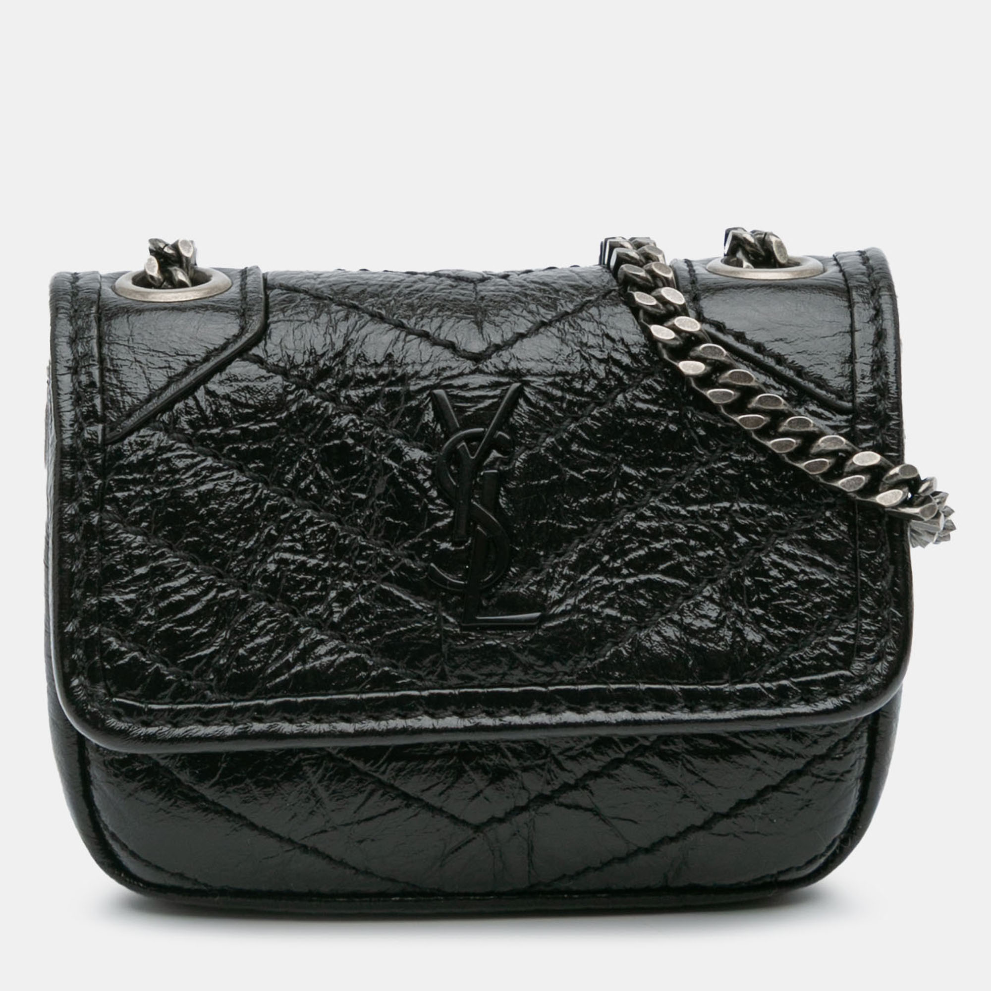 

Saint Laurent Paris Black Micro Crinkled Leather Niki Airpods Case with Chain