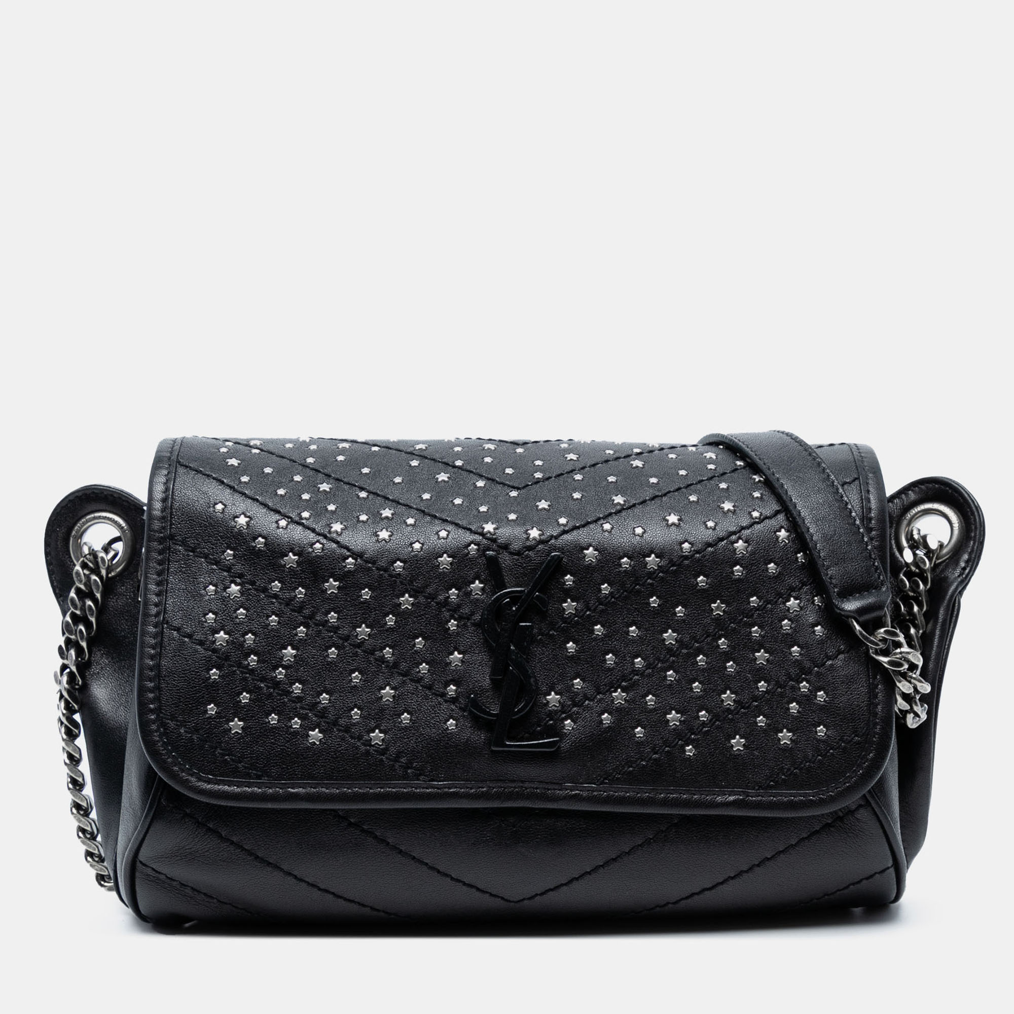 

Saint Laurent Paris Black Studded Calfskin Stardust Monogram Niki Body Bag