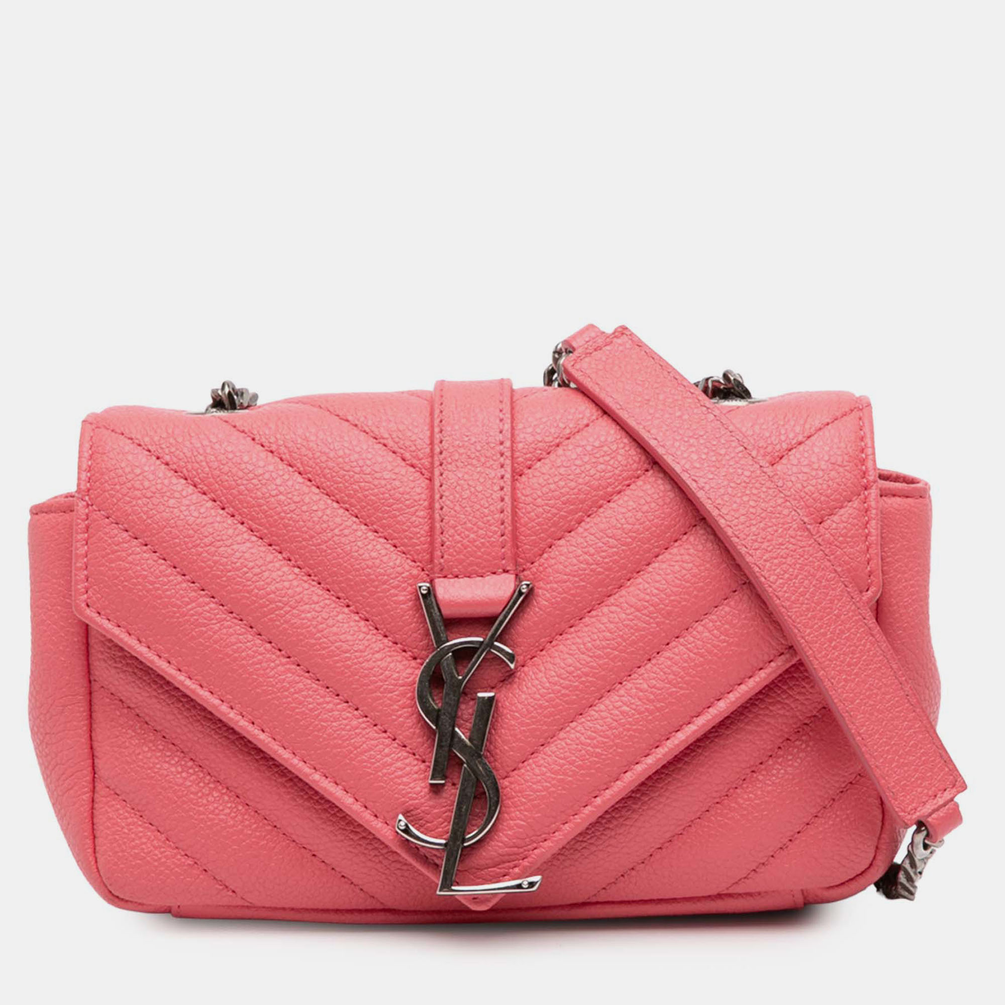 

Saint Laurent Paris Pink Baby Grained Calfskin Chevron Classic Monogram Chain Bag