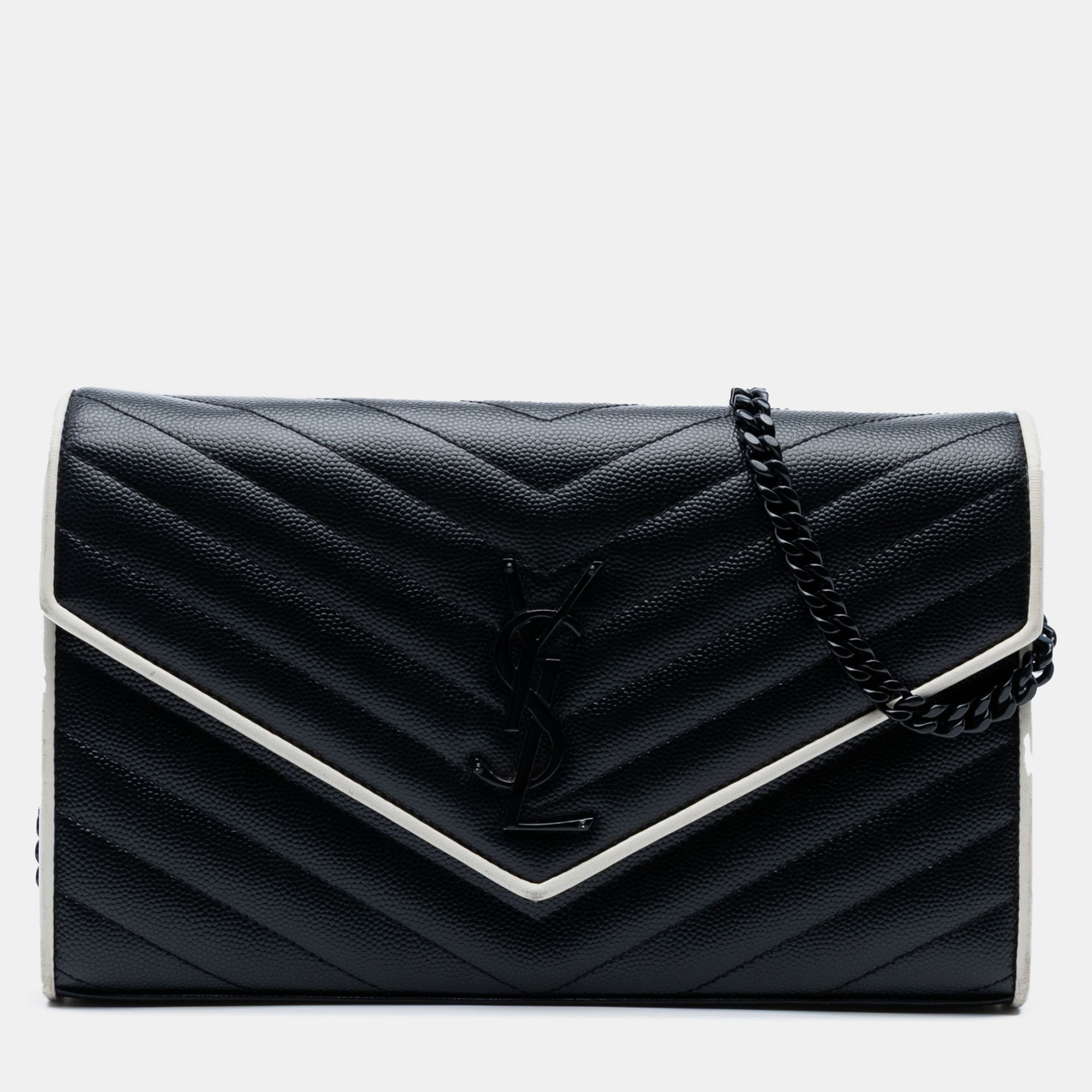 

Saint Laurent Paris Black Grain De Poudre Matelasse Chevron Monogram Chain Wallet