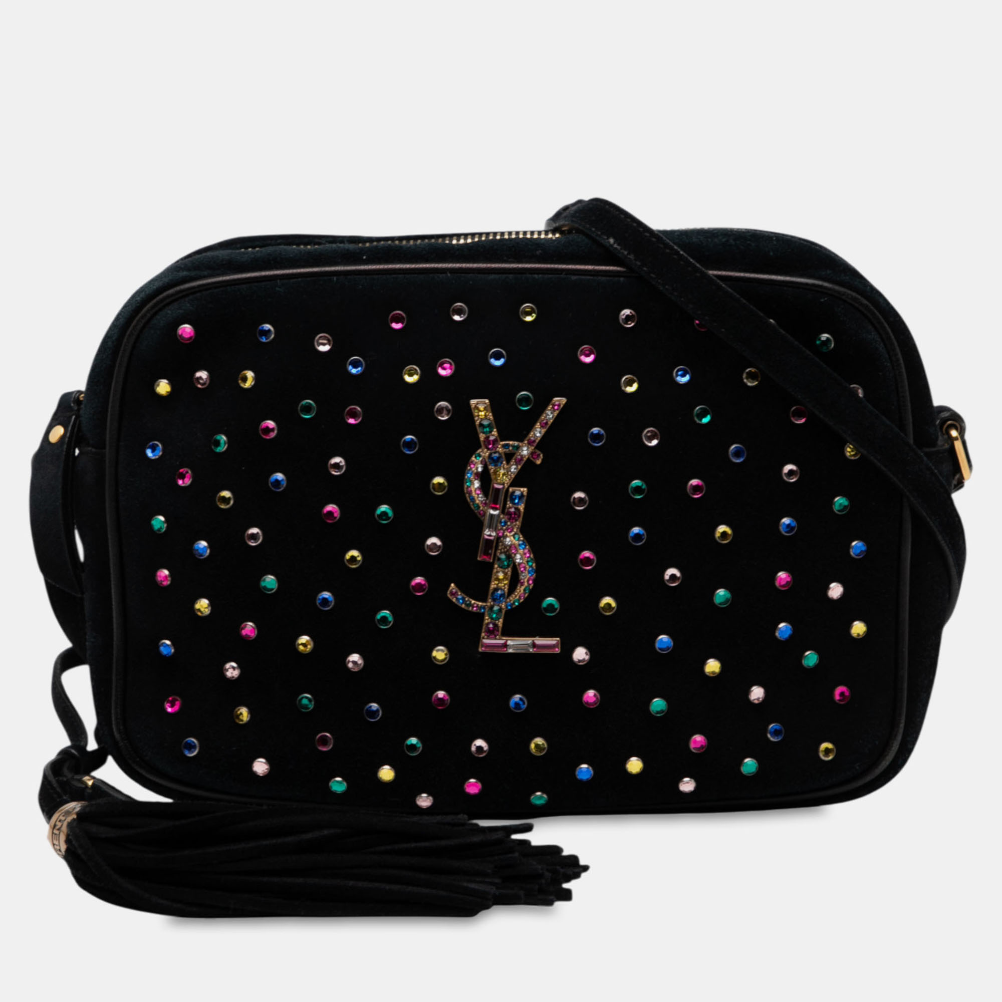 

Saint Laurent Paris Black Suede Crystal Monogram Lou Camera Bag