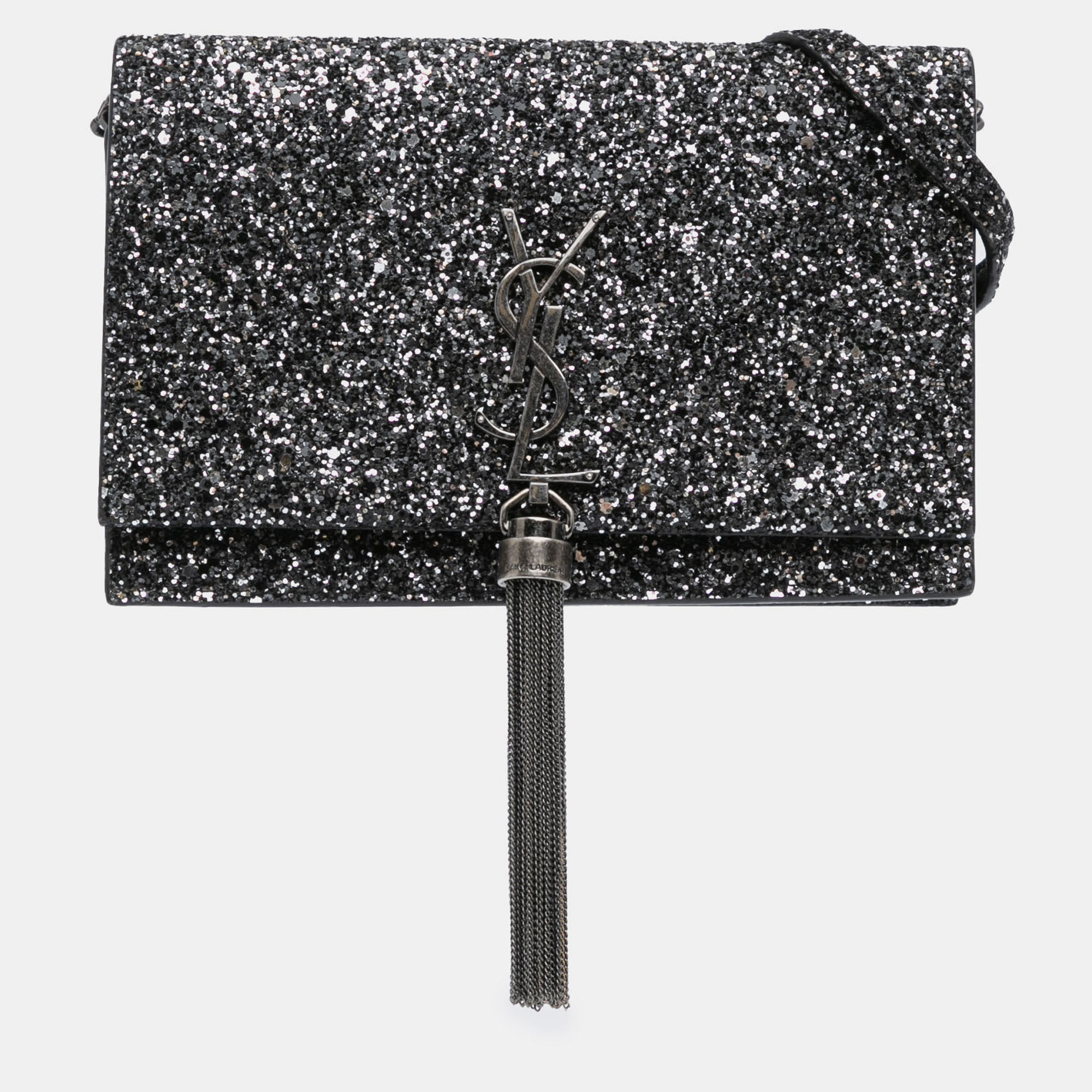 

Saint Laurent Paris Black Metallic Glitter Monogram Kate Tassel Chain Wallet