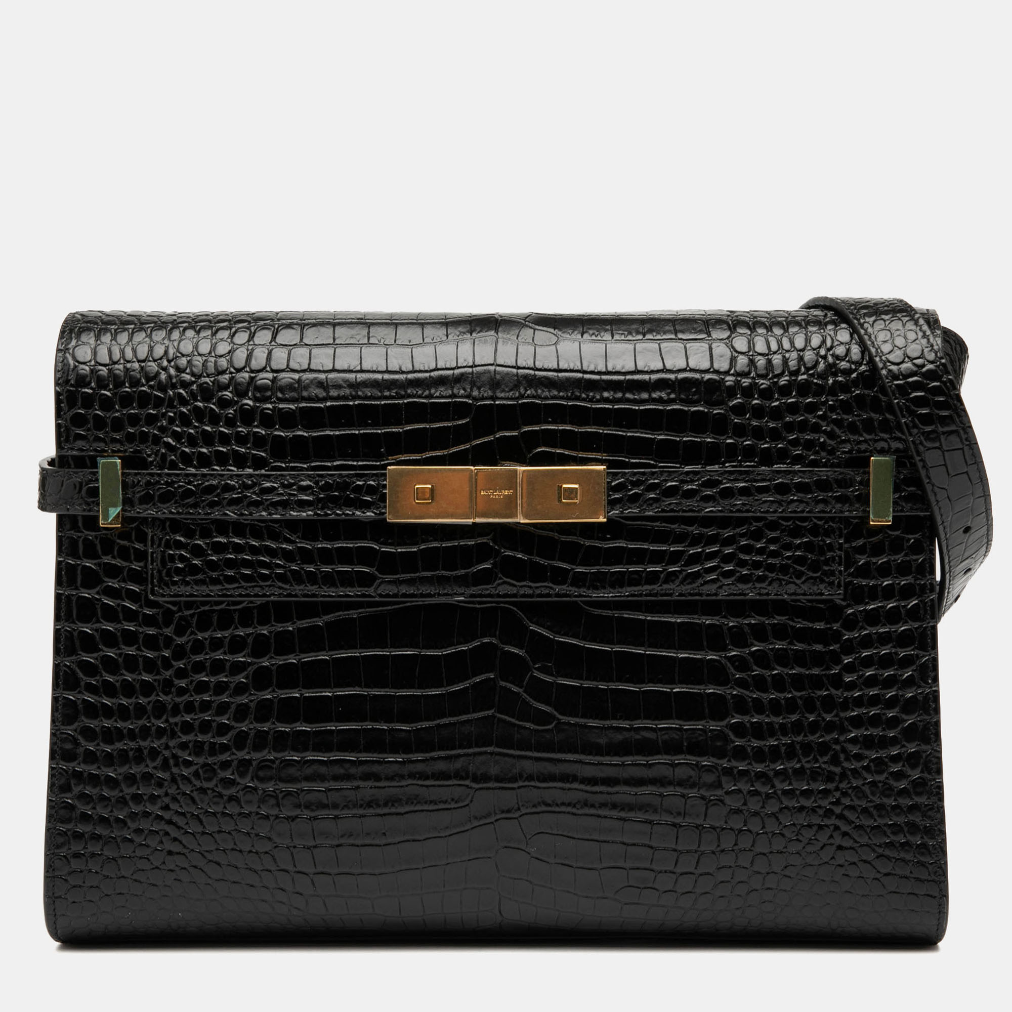 

Saint Laurent Paris Black Medium Shiny Croc Embossed Manhattan Shoulder Bag