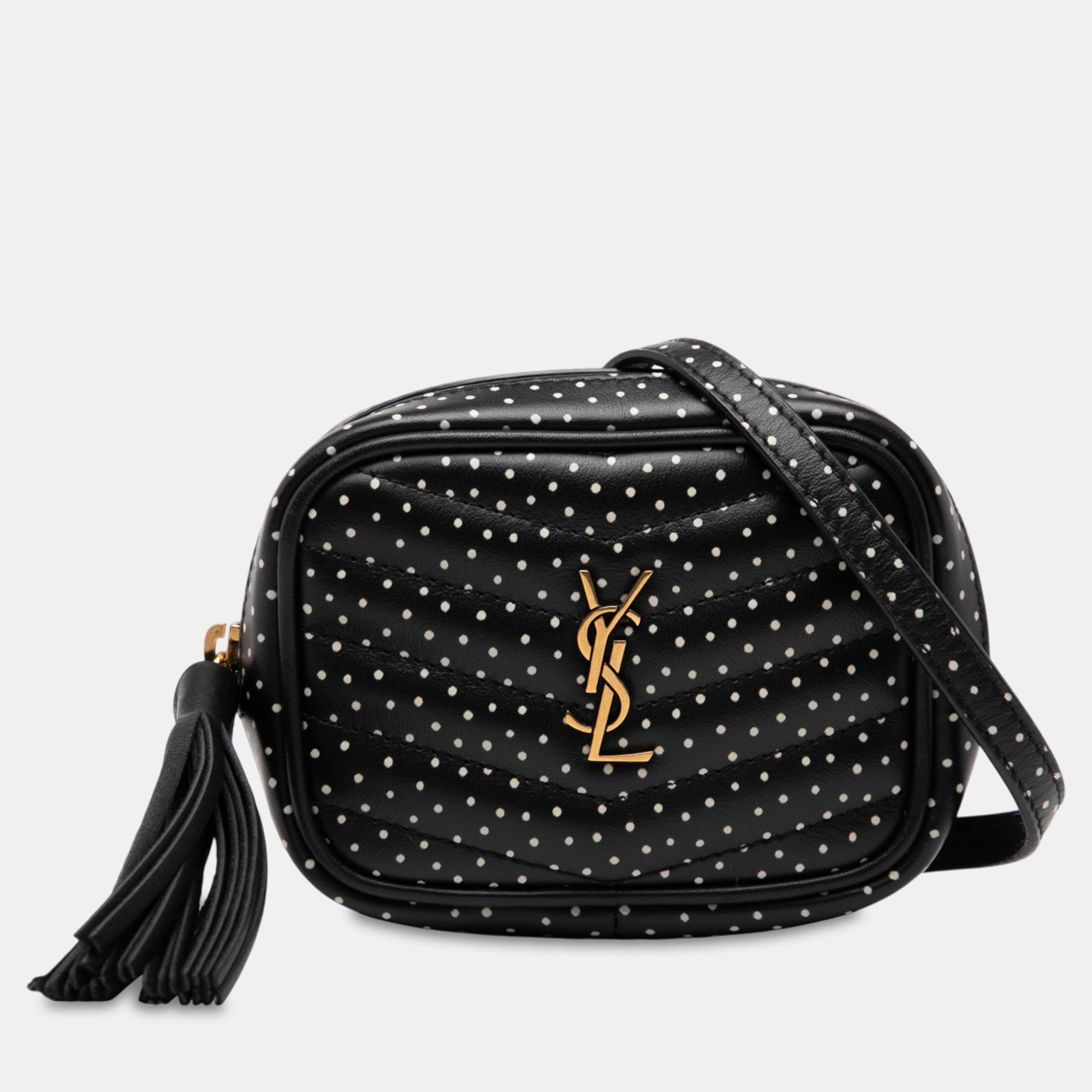 

Saint Laurent Paris Black Baby Quilted Chevron Calfskin Monogram Polka Dot Lou Camera Bag