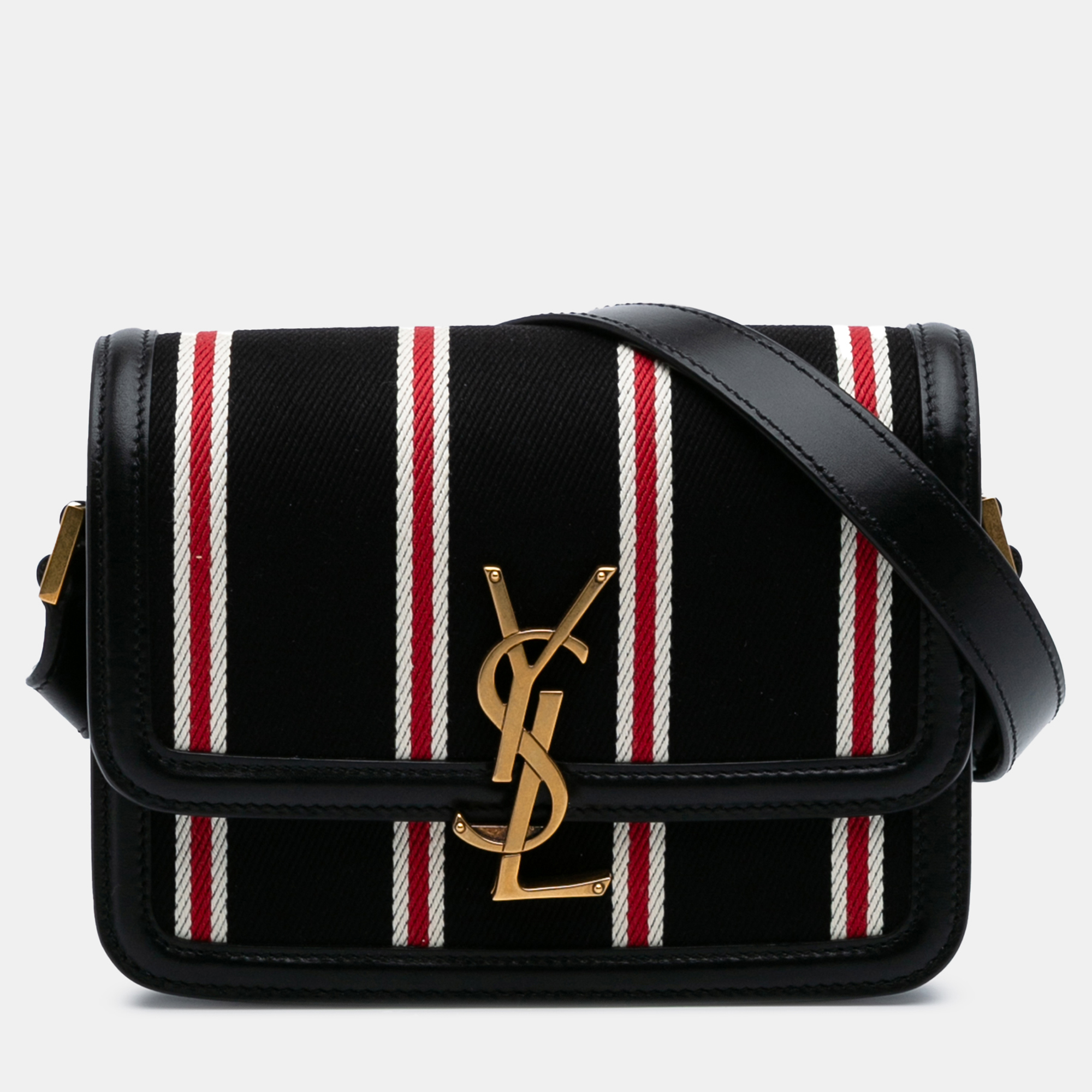 

Saint Laurent Paris Black Small Canvas Striped Solferino Satchel In Box