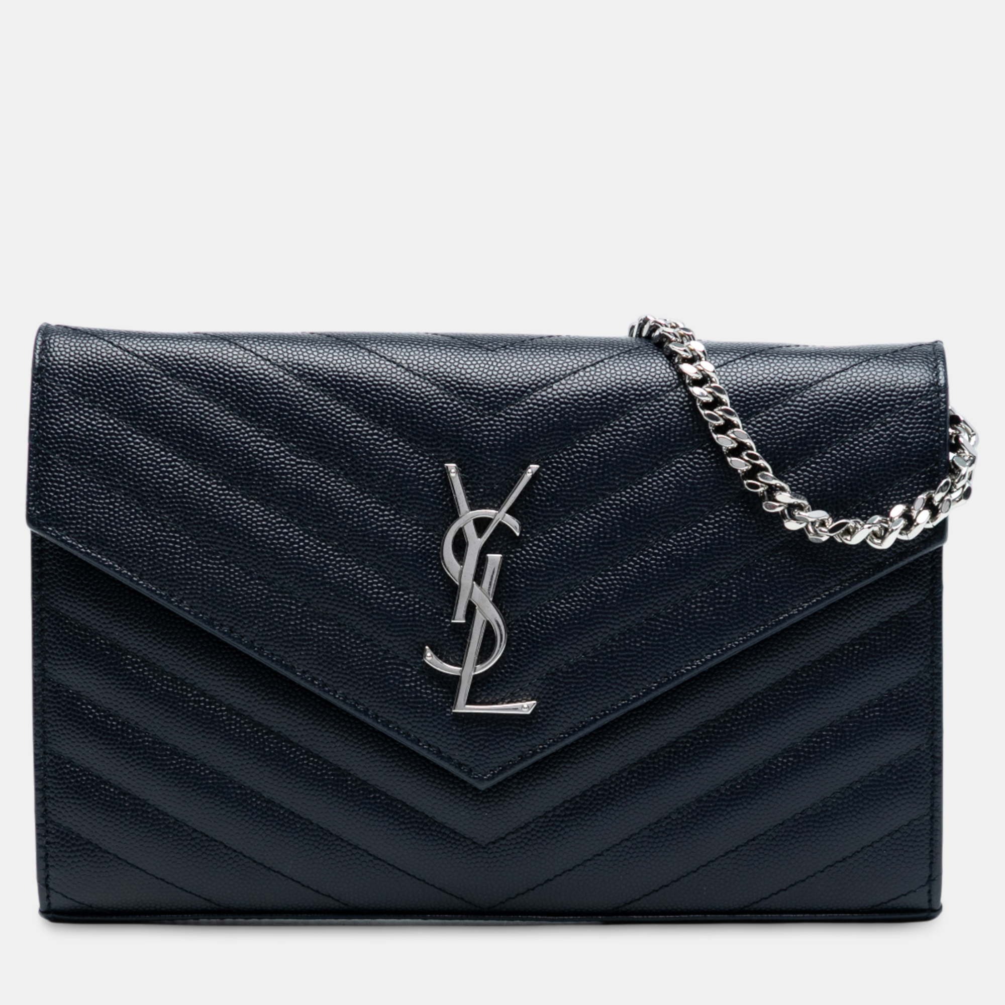 

Saint Laurent Paris Blue Grain De Poudre Matelasse Chevron Monogram Chain Wallet