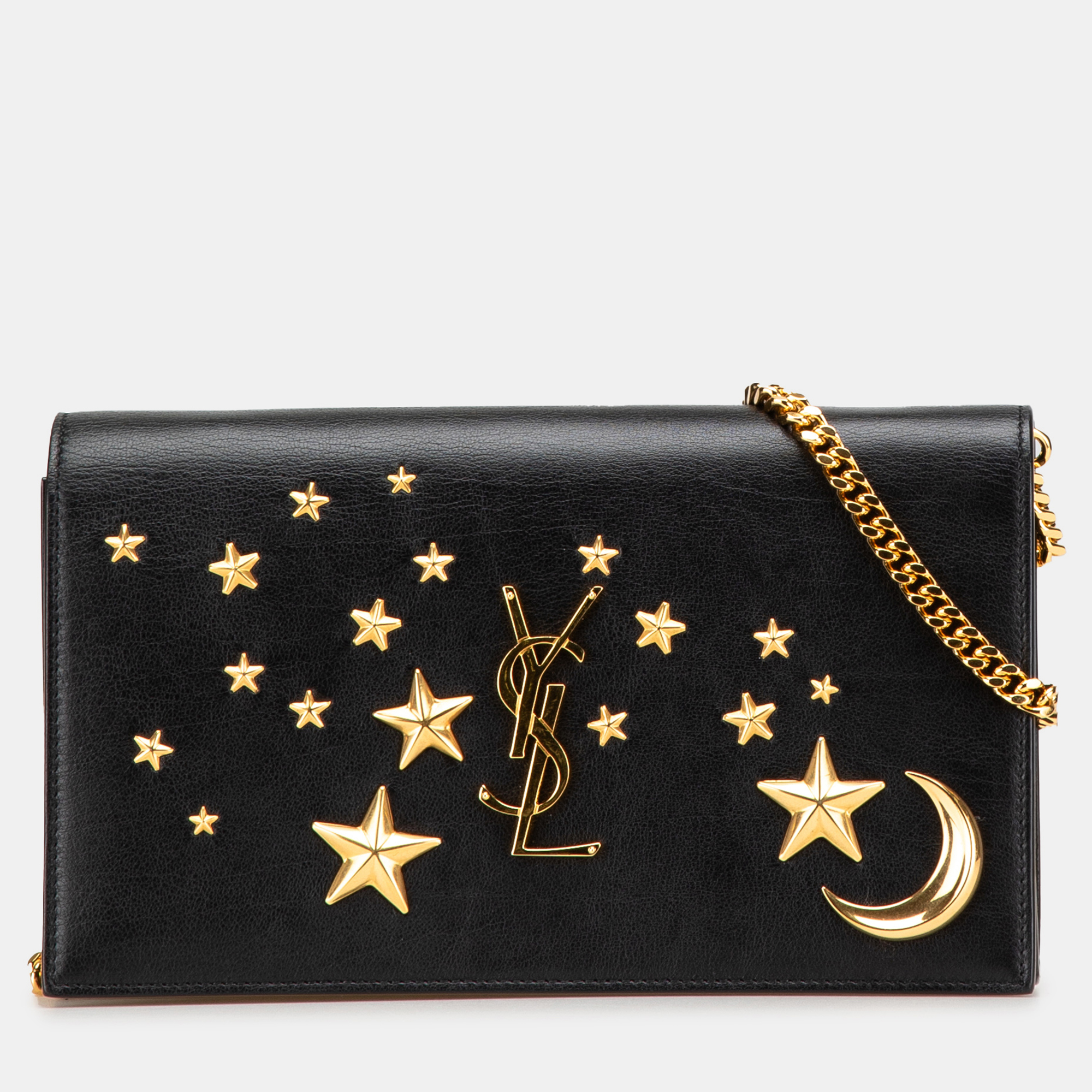 

Saint Laurent Paris Black Leather Moon and Star Monogram Kate Wallet On Chain