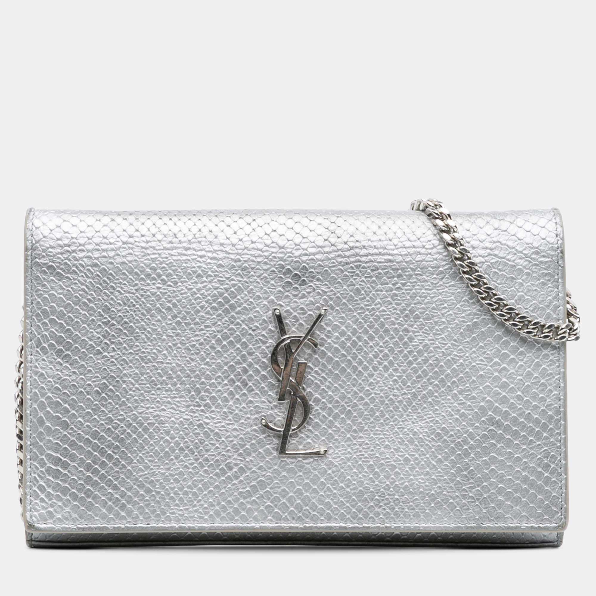 

Saint Laurent Paris Silver Metallic Python Embossed Leather Monogram Kate Wallet on Chain