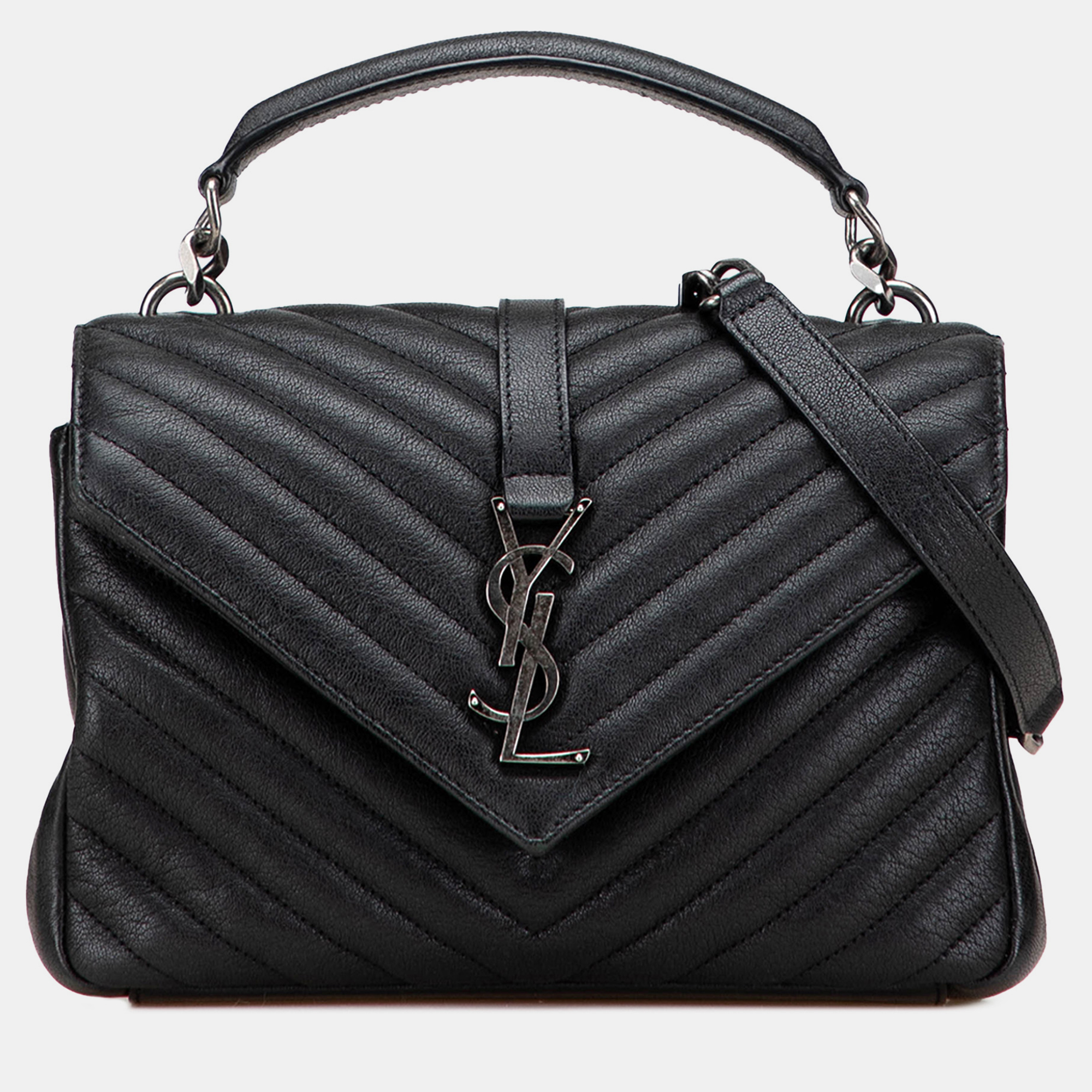 

Saint Laurent Paris Black Medium Quilted Chevron Sheepskin College Satchel