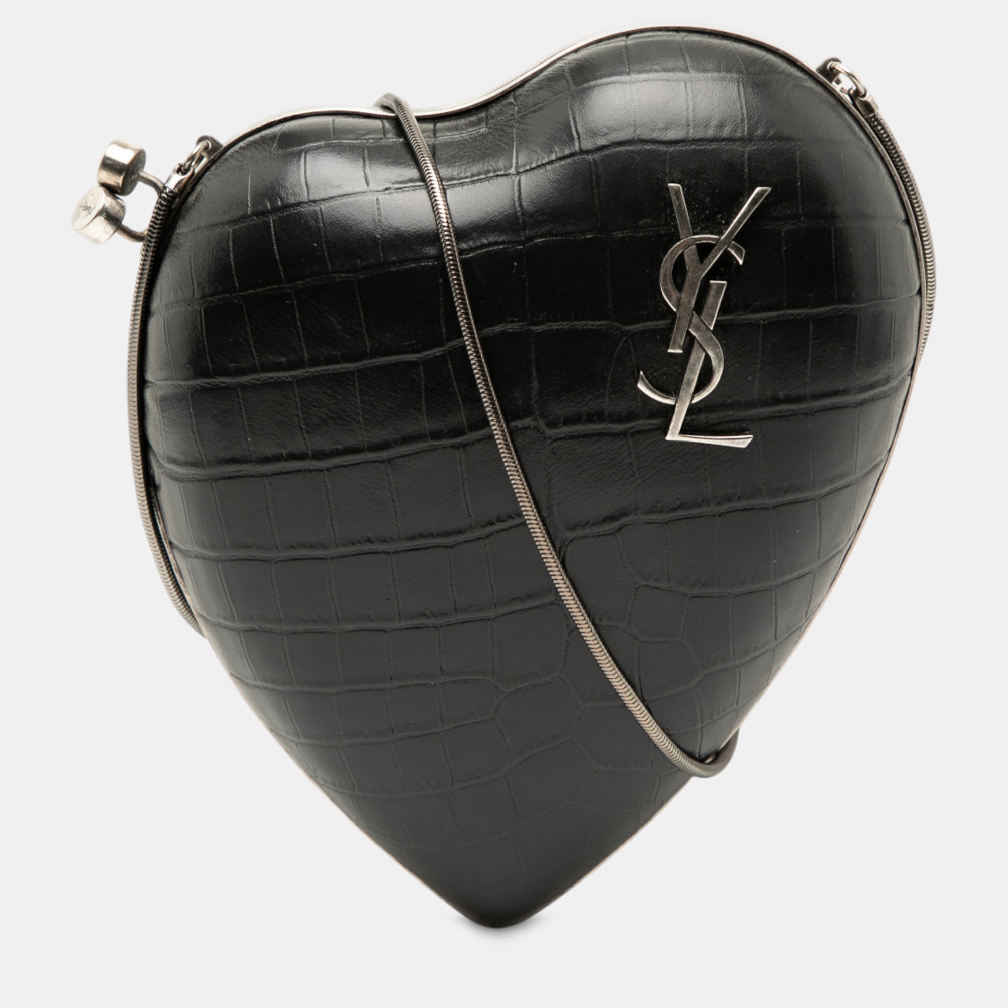 

Saint Laurent Paris Black Crocodile Embossed Calfskin Love Box Chain Clutch