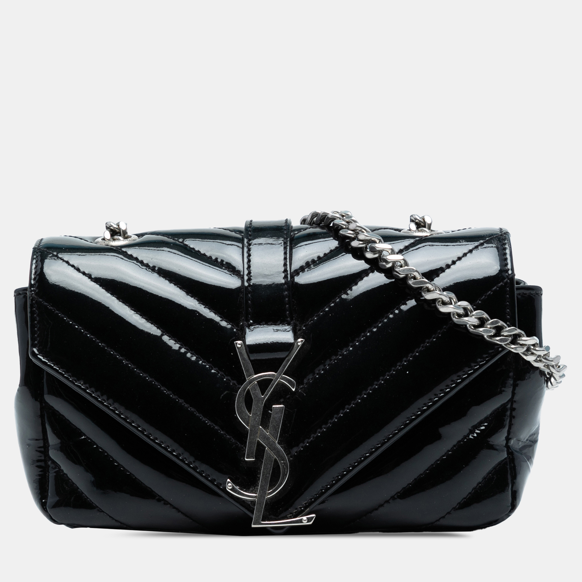 

Saint Laurent Paris Black Baby Patent Chevron Classic Monogram Chain Bag