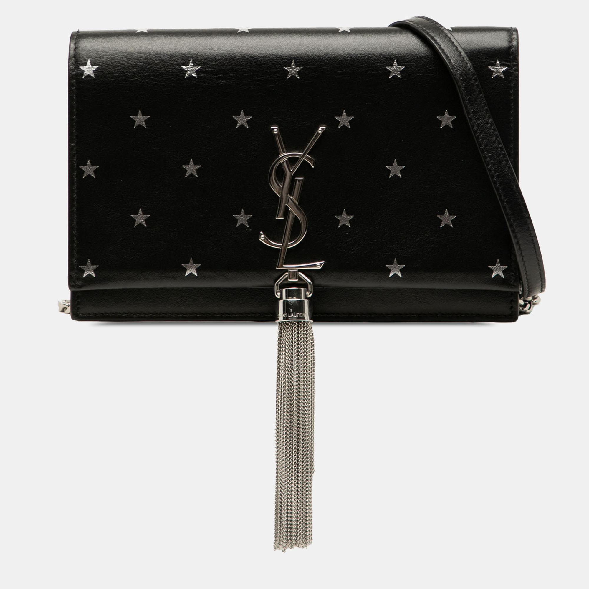 

Saint Laurent Paris Black Calfskin Star Print Classic Monogram Kate Tassel Wallet on Chain