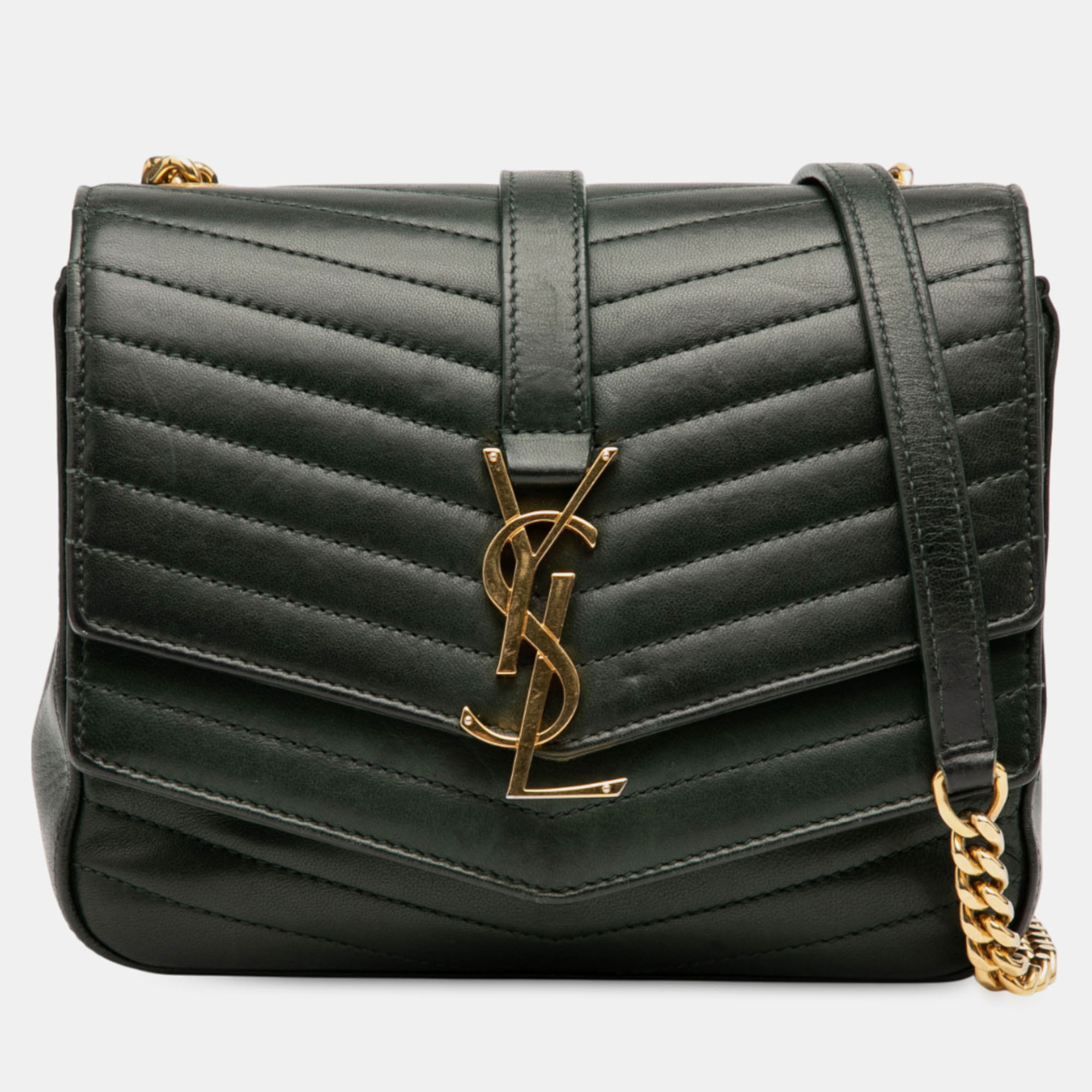 

Saint Laurent Paris Green Small Chevron Lambskin Monogram Sulpice Bag
