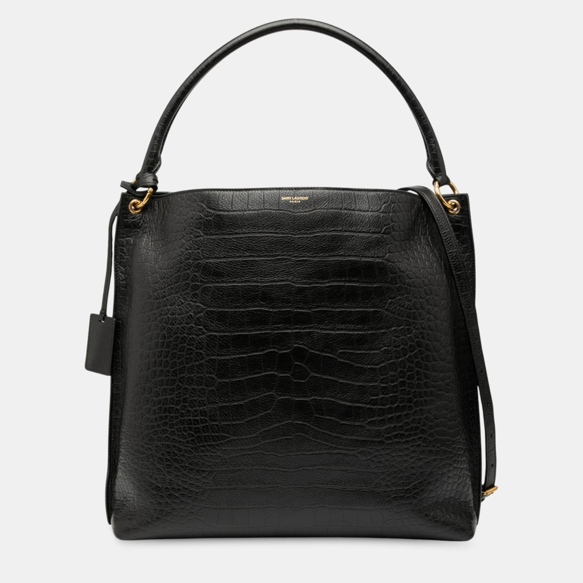 

Saint Laurent Paris Black Croc Embossed Leather Tag Hobo Bag