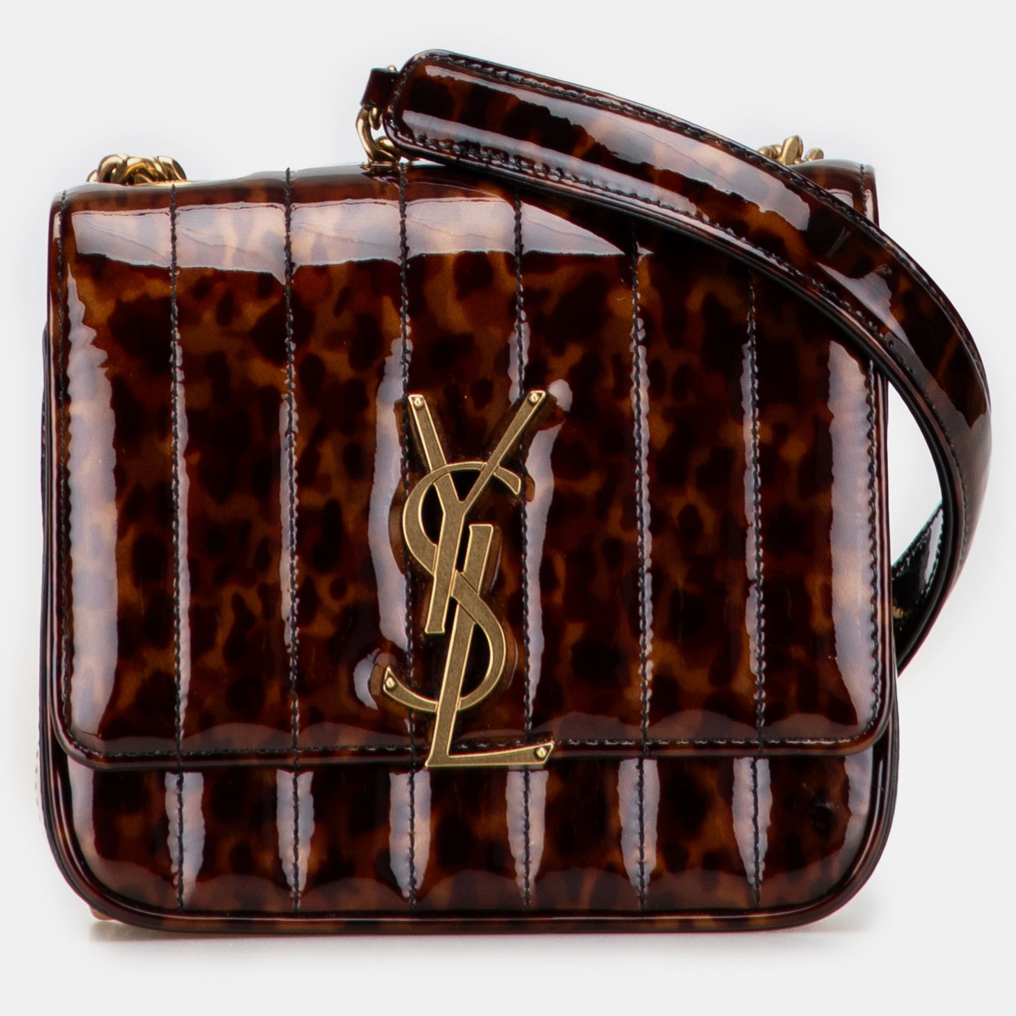 

Saint Laurent Paris Brown Small Patent Monogram Tortoiseshell Vicky Chain Bag