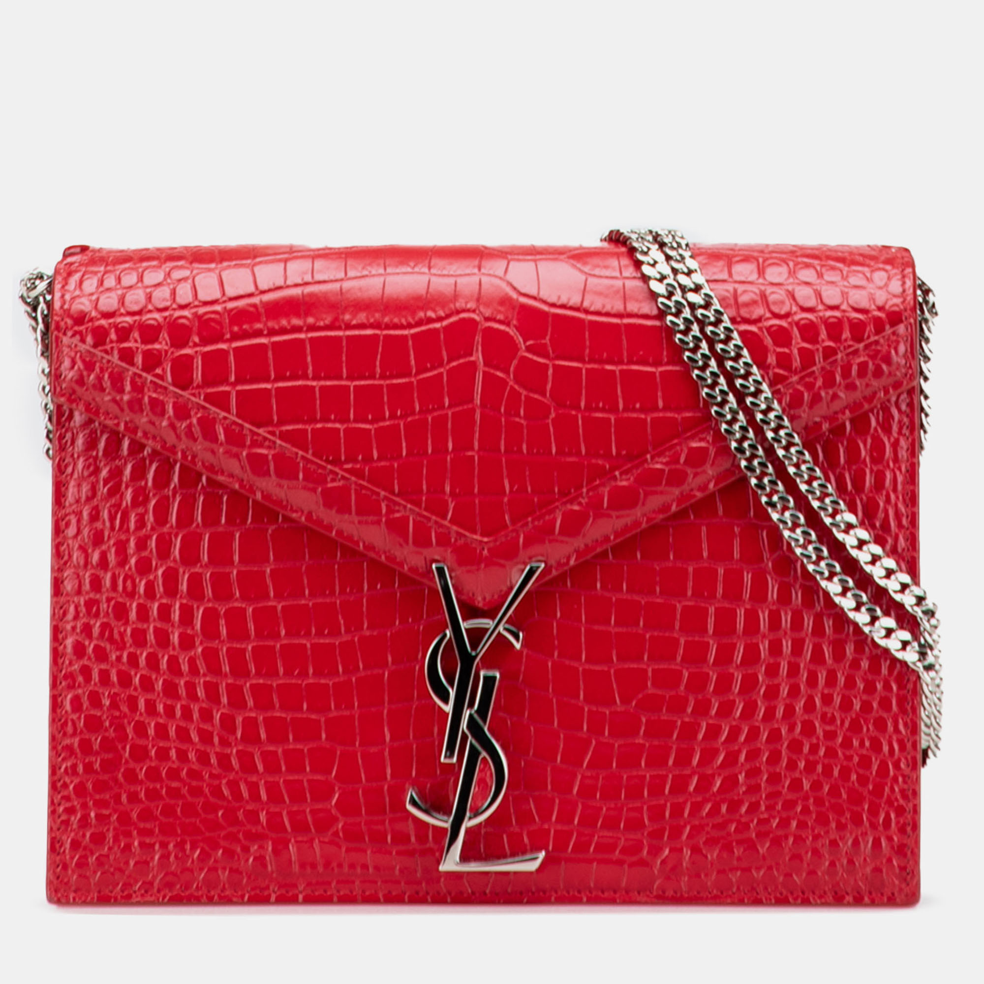

Saint Laurent Paris Red Croc Embossed Leather Monogram Cassandra Clasp Bag