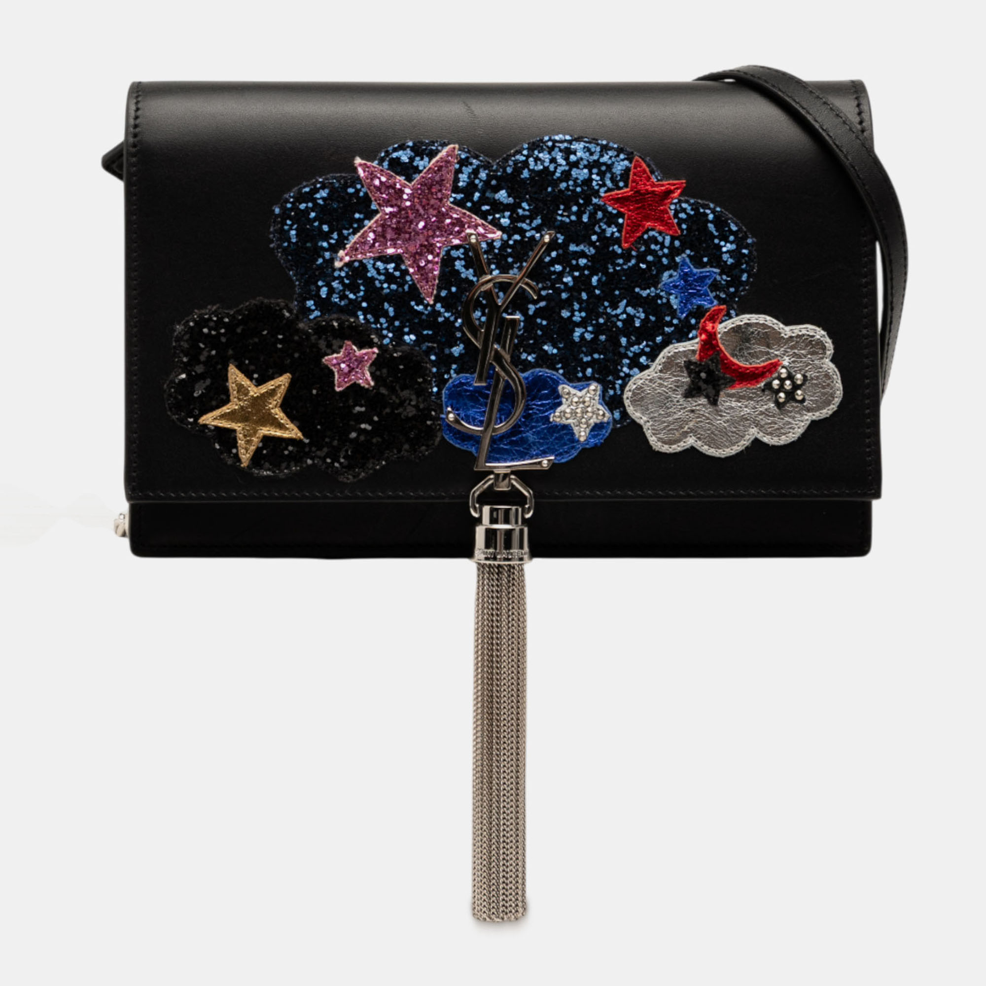 

Saint Laurent Paris Black Calfskin Cloud Star Applique Classic Monogram Kate Tassel Wallet on Chain