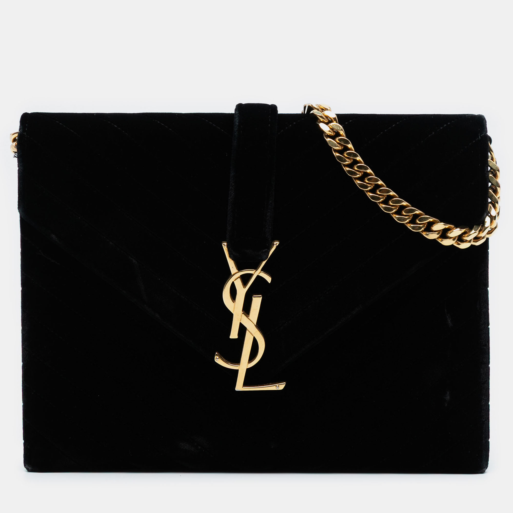

Saint Laurent Paris Black Medium Chevron Velvet Monogram Envelope Bag