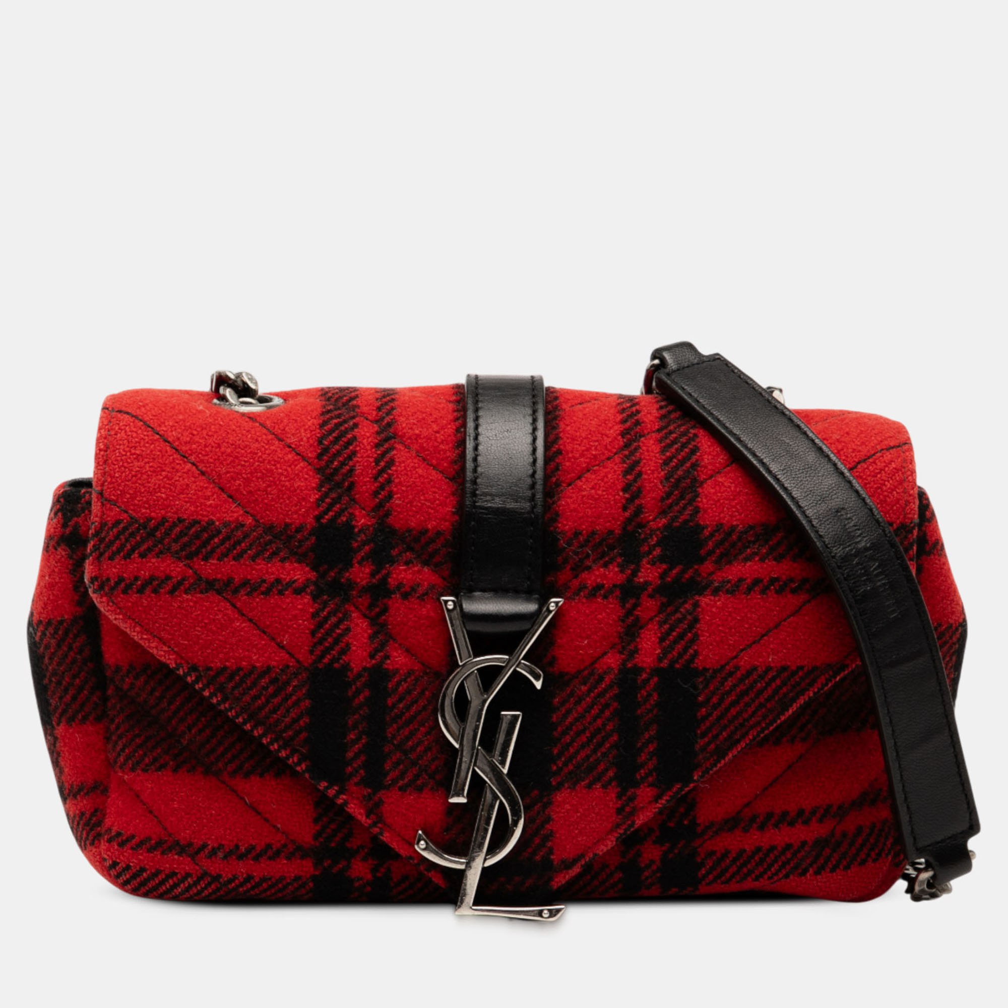 

Saint Laurent Paris Red Baby Chevron Tartan Wool Monogram Classic Chain Bag