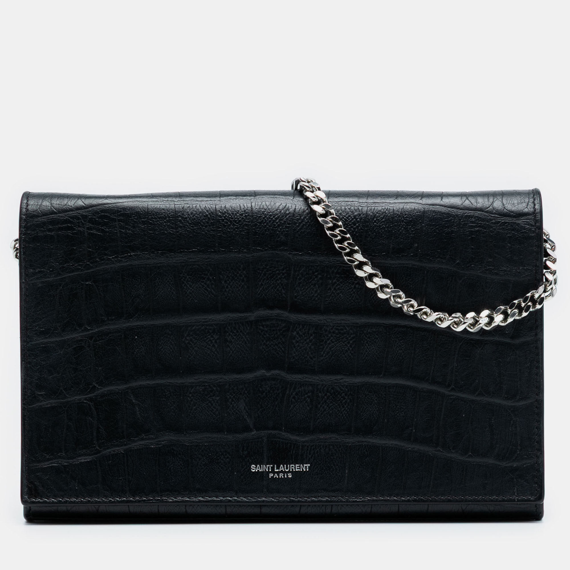 

Saint Laurent Paris Black Croc Embossed Leather Wallet On Chain