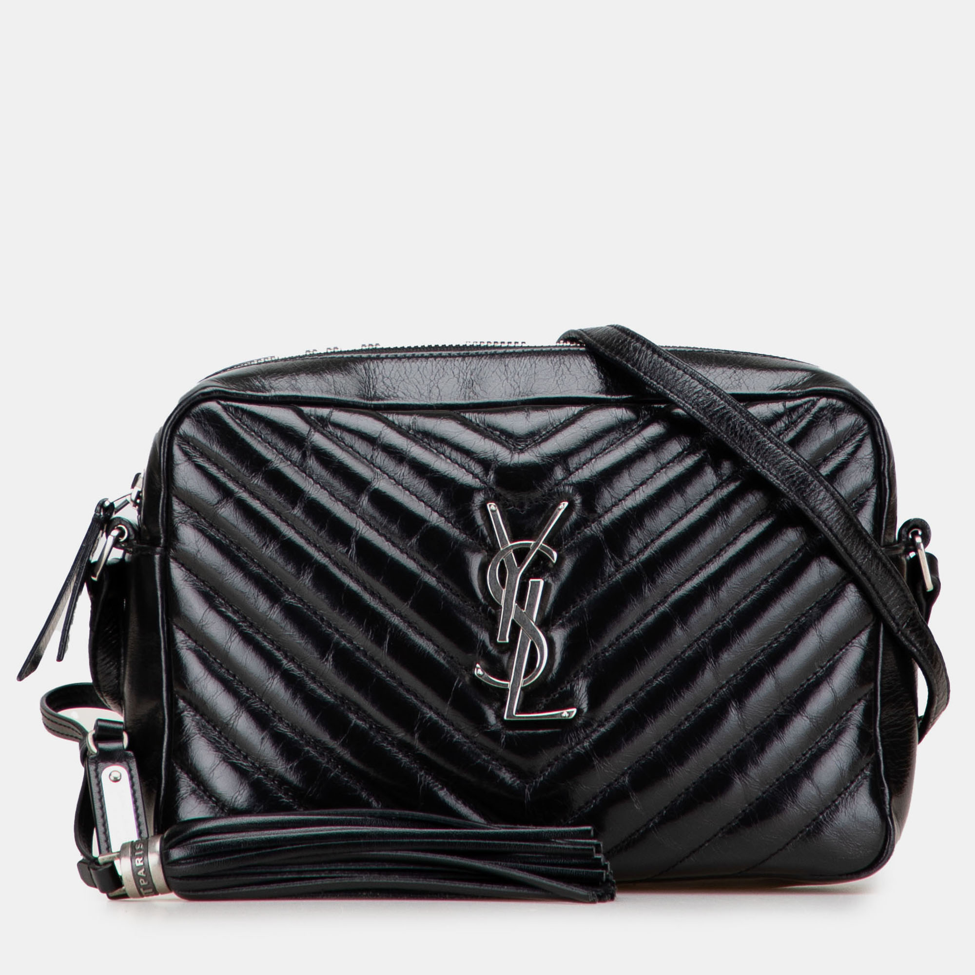 

Saint Laurent Paris Black Cracked Shiny Calfskin Matelasse Tassel Monogram Lou Camera Bag
