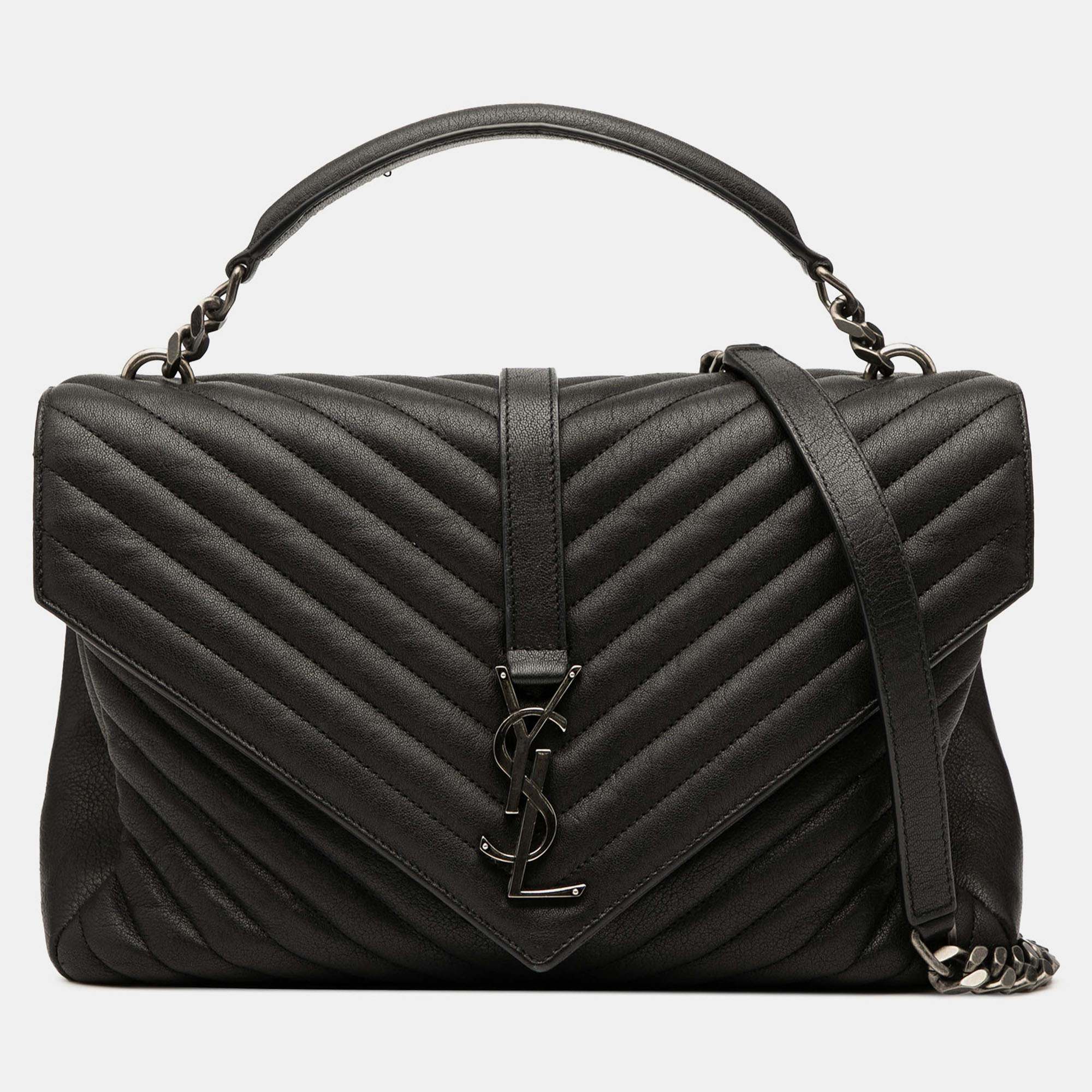 

Saint Laurent Paris Black Large Quilted Chevron Sheepskin College Satchel