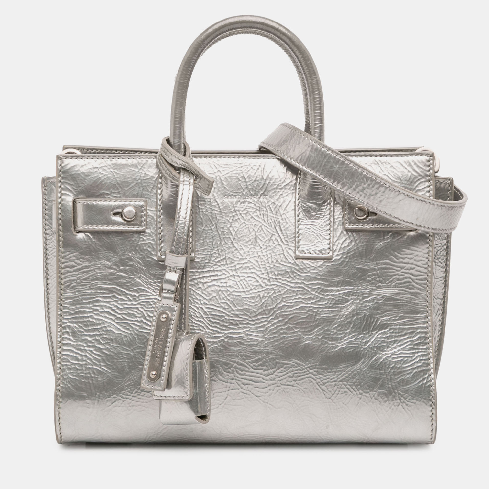 

Saint Laurent Paris Silver Nano Metallic Crinkled Calfskin Supple Sac De Jour Satchel
