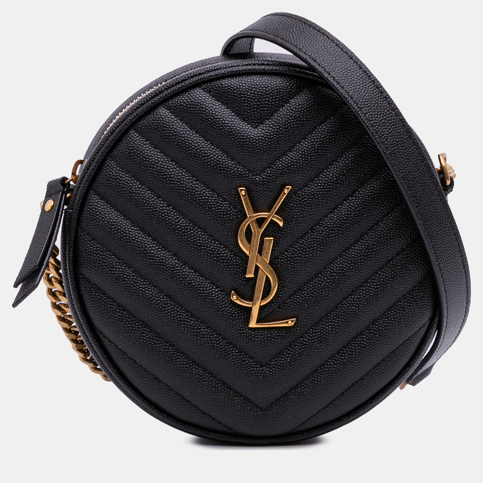 

Saint Laurent Paris Black Grain De Poudre Chevron Round Vinyle Camera Bag