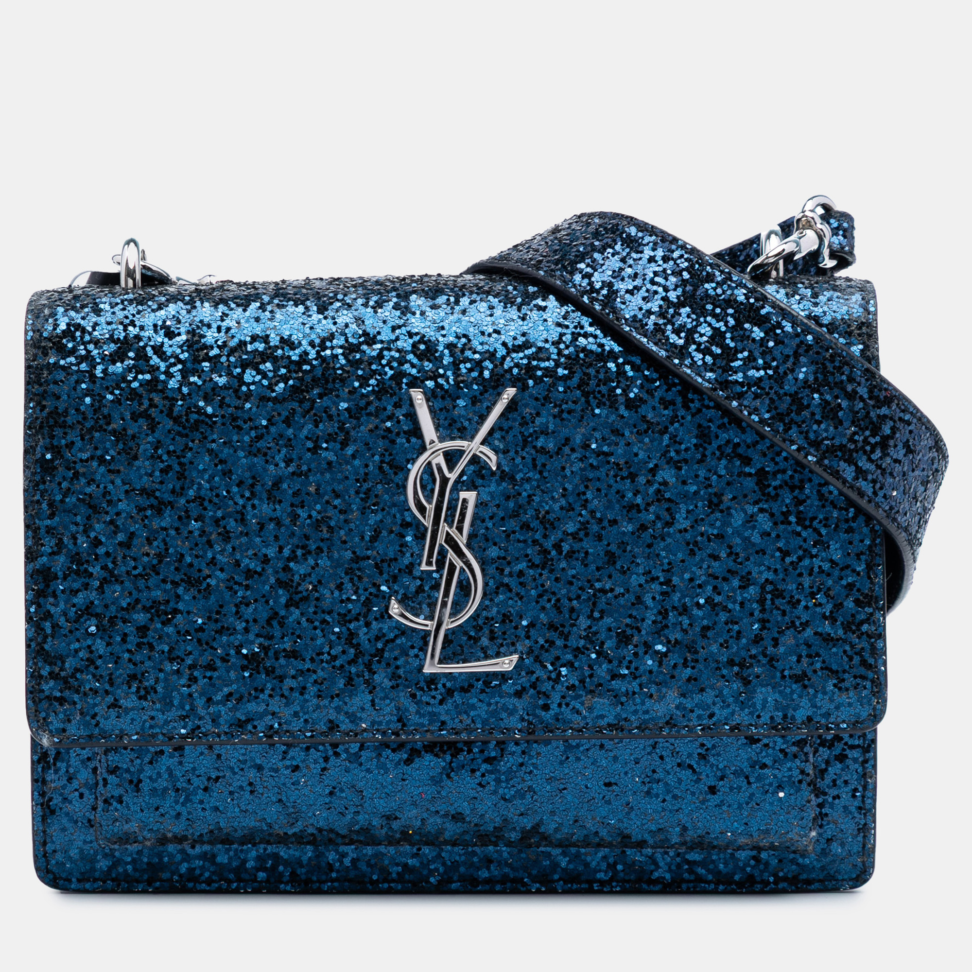 

Saint Laurent Paris Blue Small Glittered Leather Monogram Sunset Crossbody