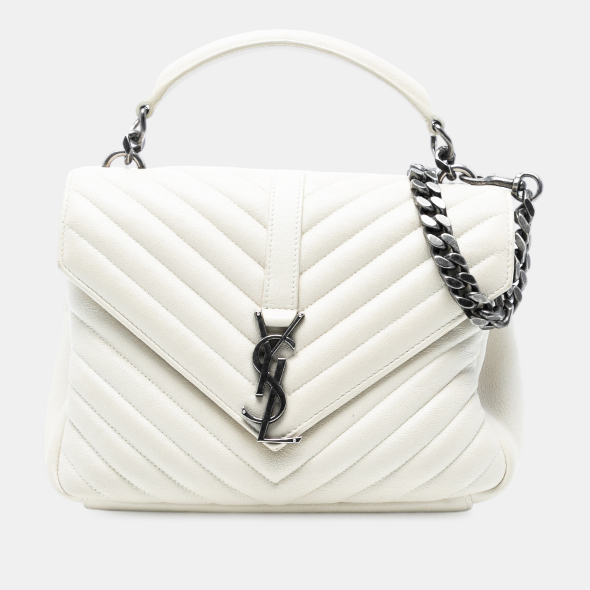 

Saint Laurent Paris White Medium Chevron Sheepskin Monogram College Satchel