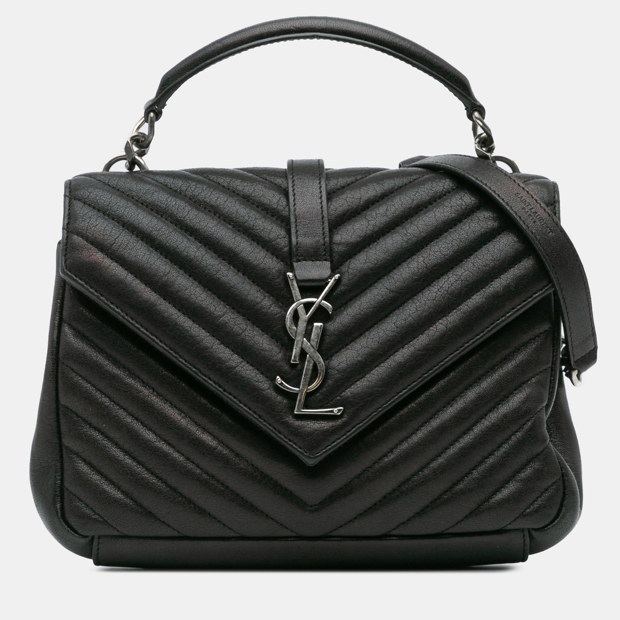 

Saint Laurent Paris Black Medium Quilted Chevron Sheepskin College Satchel