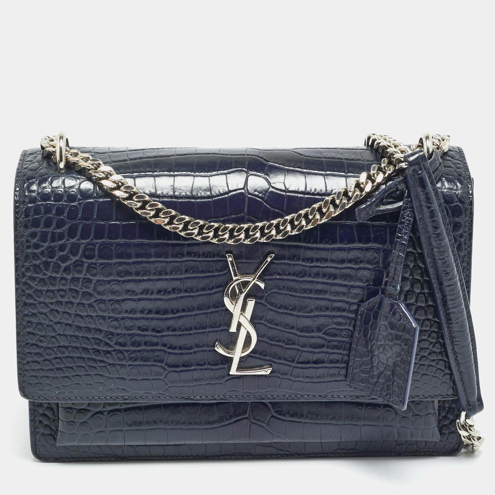 

Saint Laurent Sunset Medium Navy Blue Croc Embossed Leather Shoulder Bag
