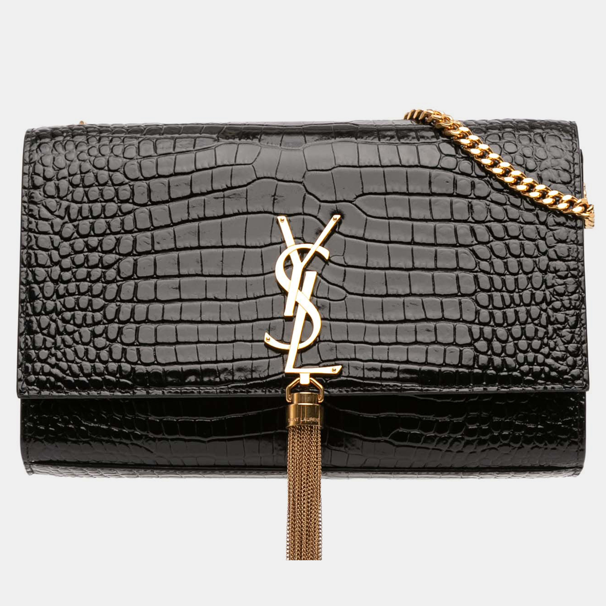 

Saint Laurent Paris Black Medium Croc Embossed Leather Kate Tassel Crossbody