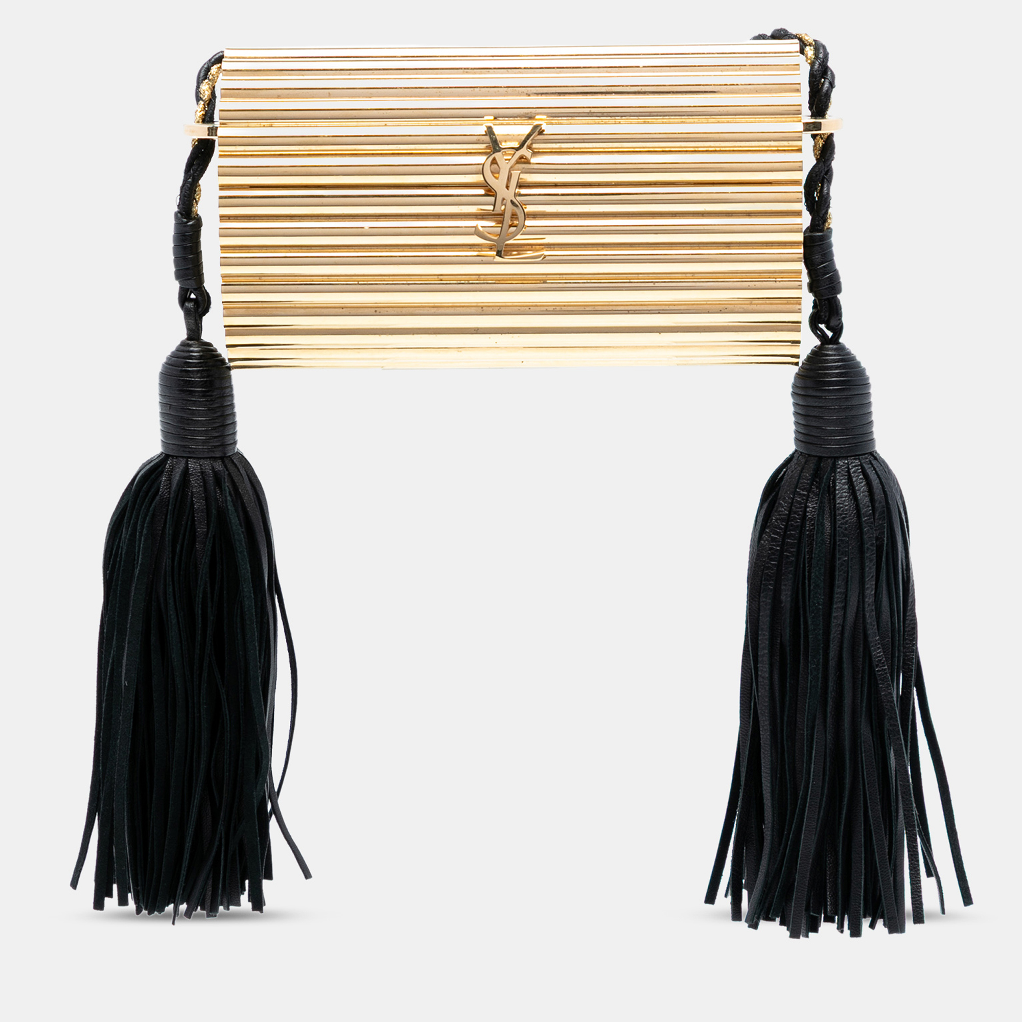 

Saint Laurent Paris Gold Ribbed Acrylic Lambskin Fringe Monogram Opium Box Bag