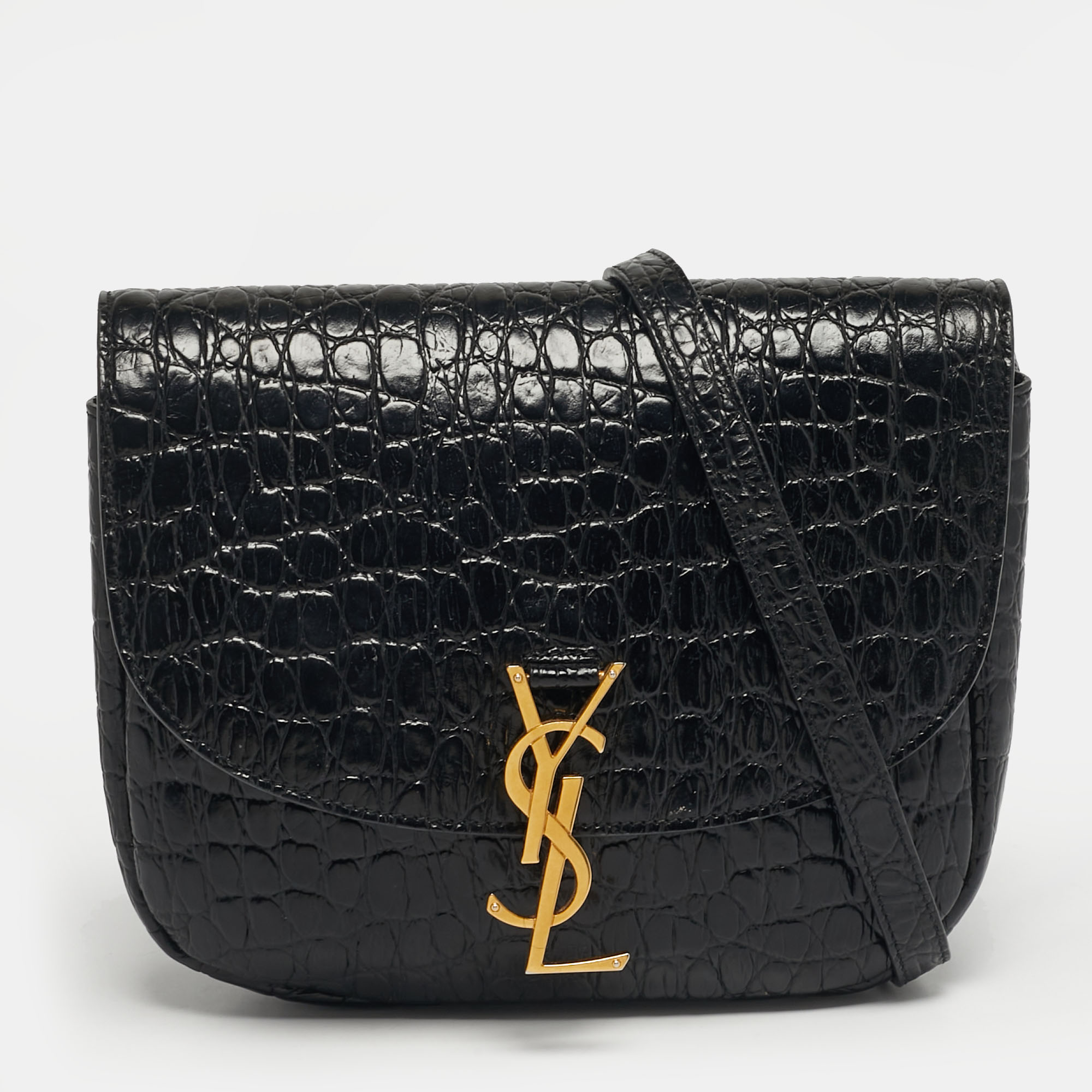 

Saint Laurent Kaia Black Croc Embossed Leather Flap Shoulder Bag