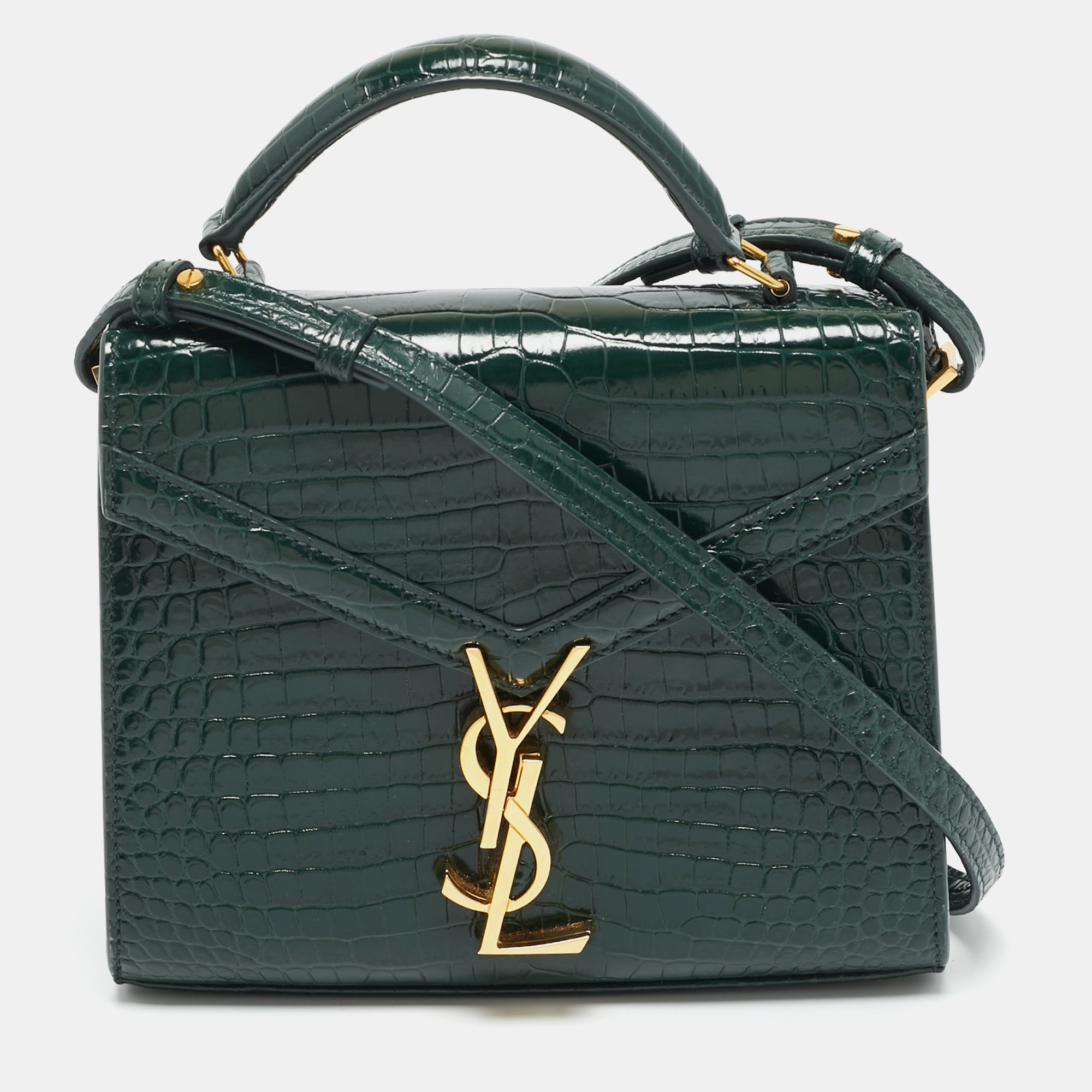 

Saint Laurent Cassandre Mini Dark Green Croc Embossed Leather Top Handle Bag