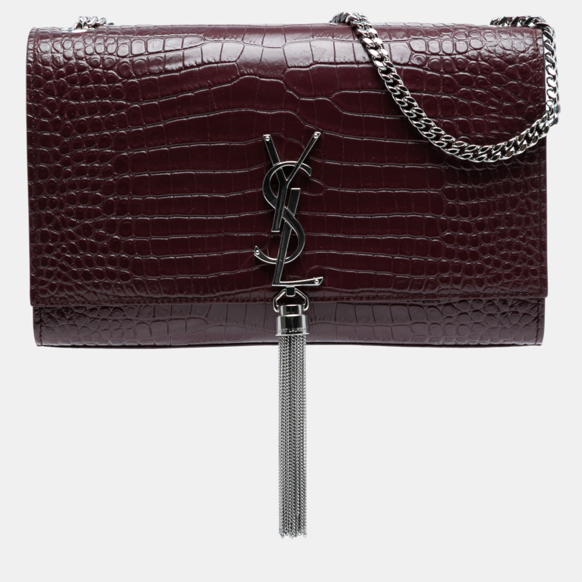

Saint Laurent Paris Red Medium Croc Embossed Leather Monogram Kate Tassel Crossbody