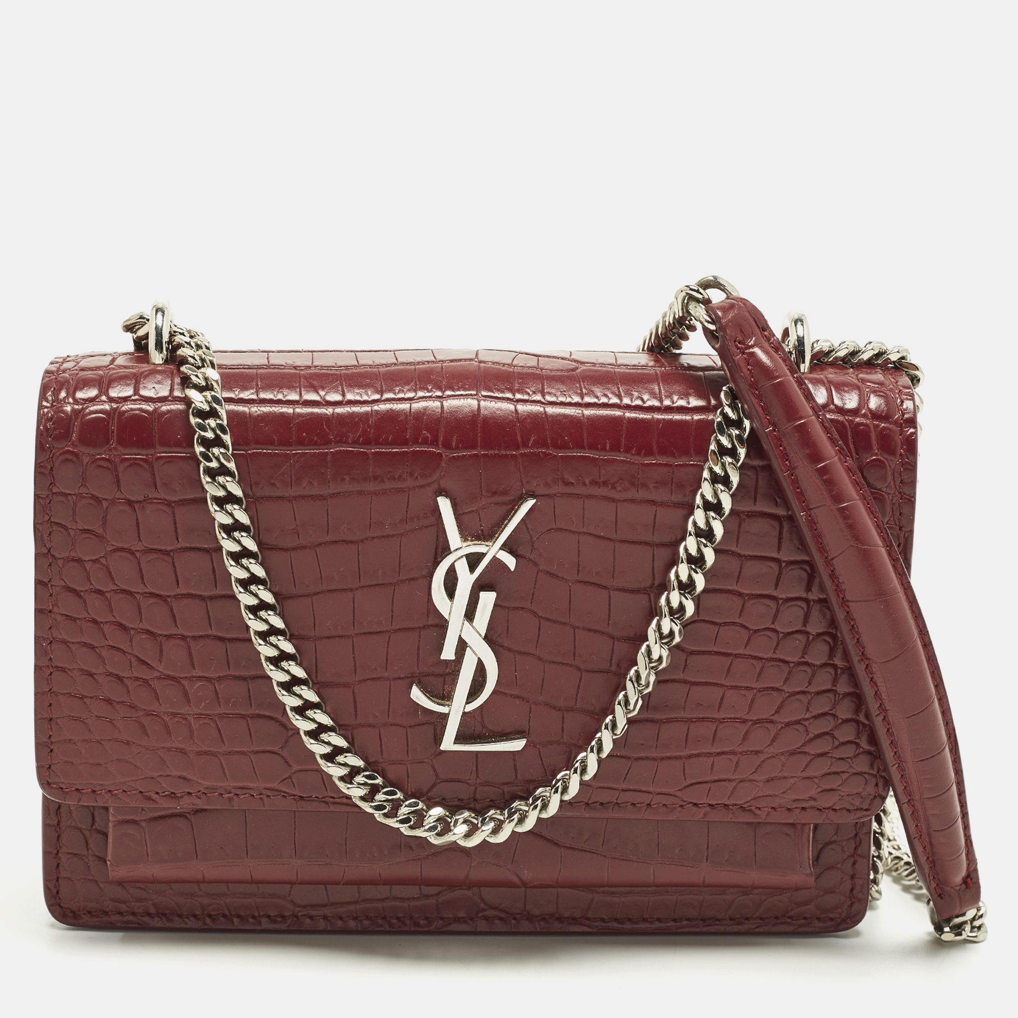 

Saint Laurent Sunset Small Red Croc Embossed Leather Shoulder Bag