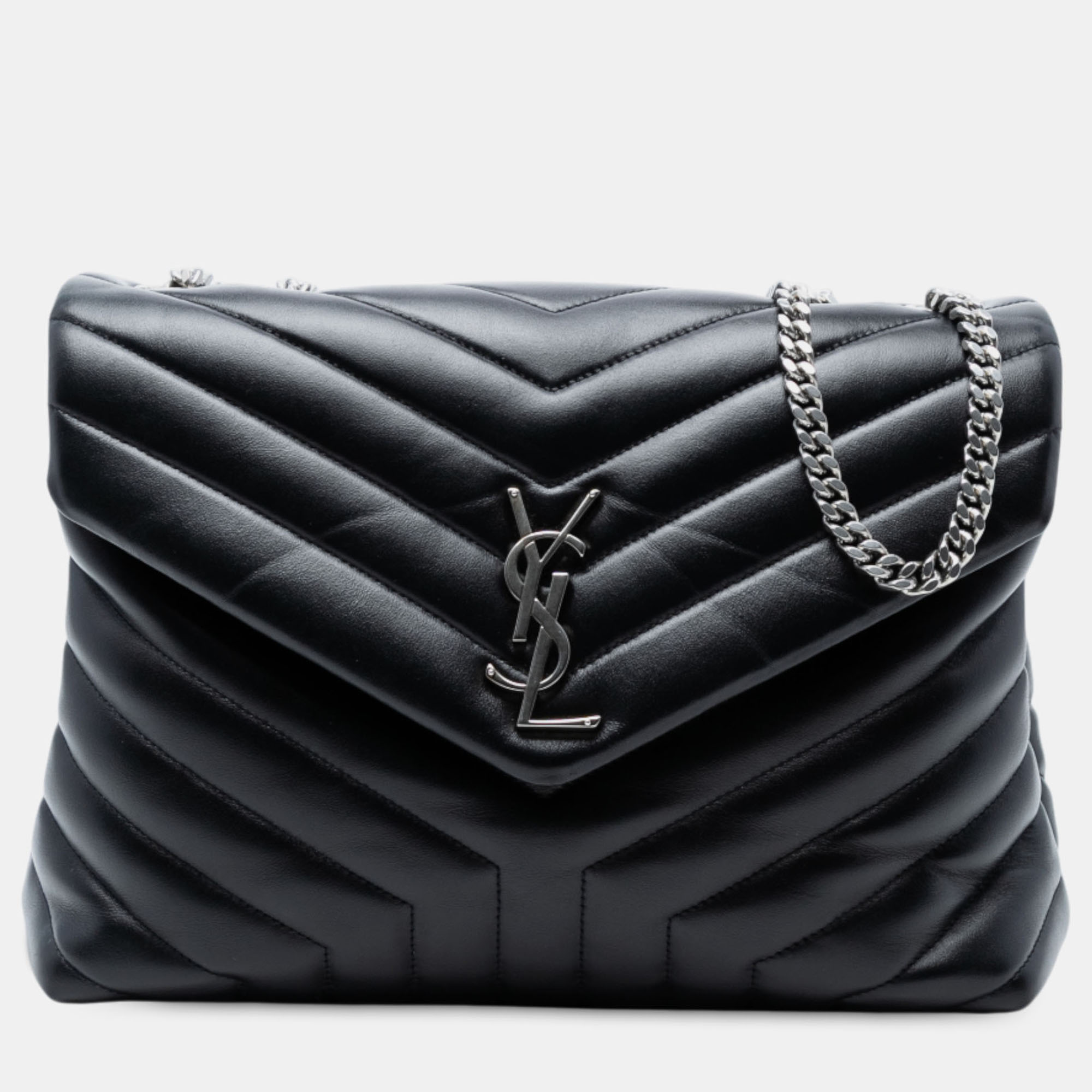 

Saint Laurent Paris Black Medium Chevron Leather Monogram LouLou Shoulder Bag