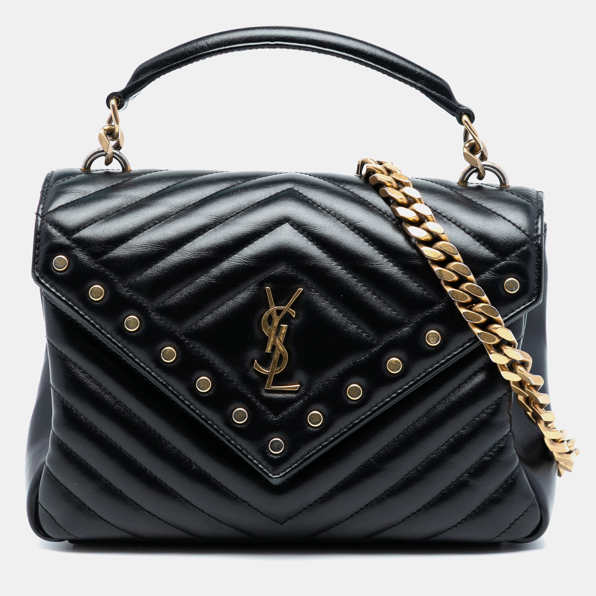 

Saint Laurent Paris Black Medium Chevron Studded Calfskin Monogram College Satchel