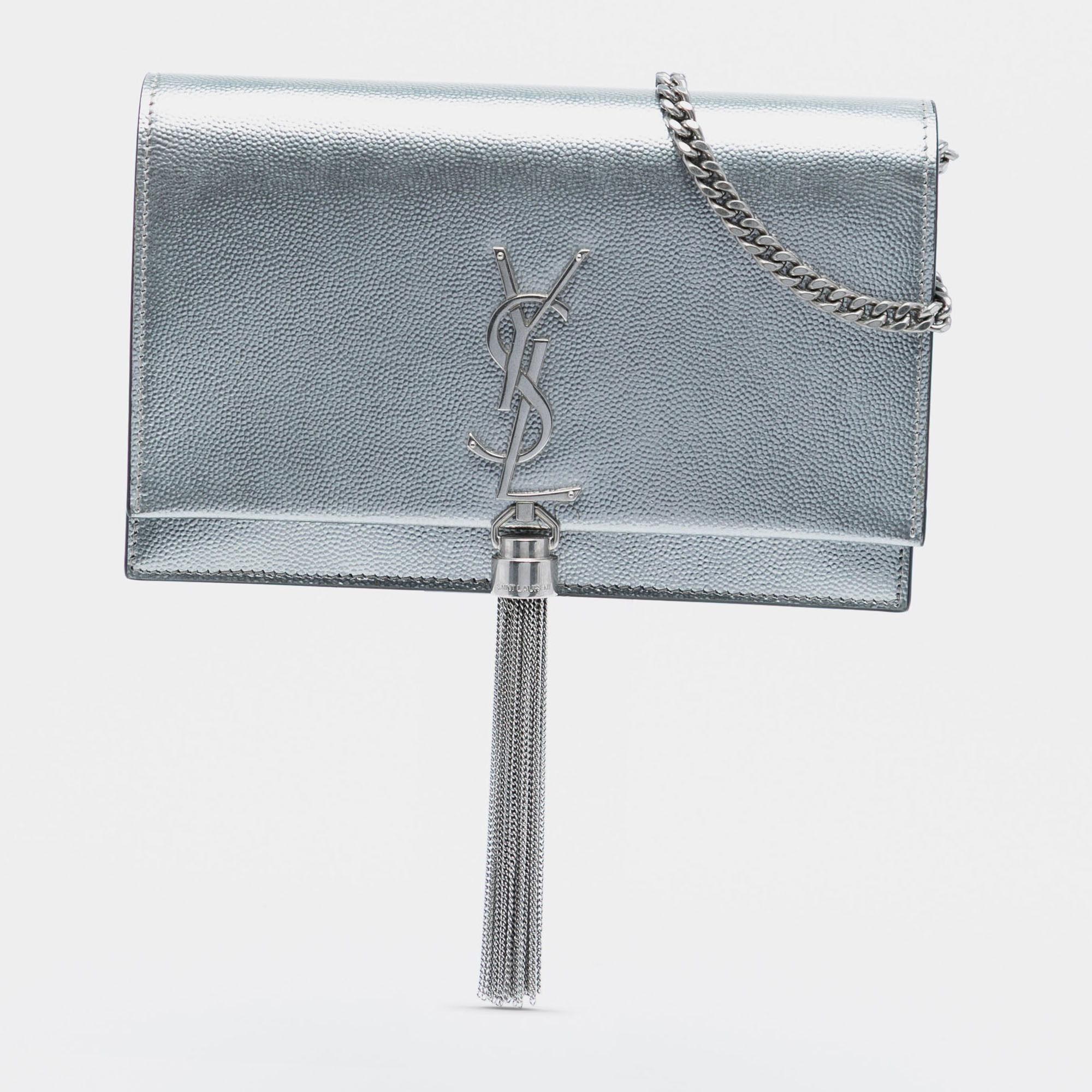 

Saint Laurent Paris Silver Metallic Grain de Poudre Monogram Kate Tassel Wallet on Chain