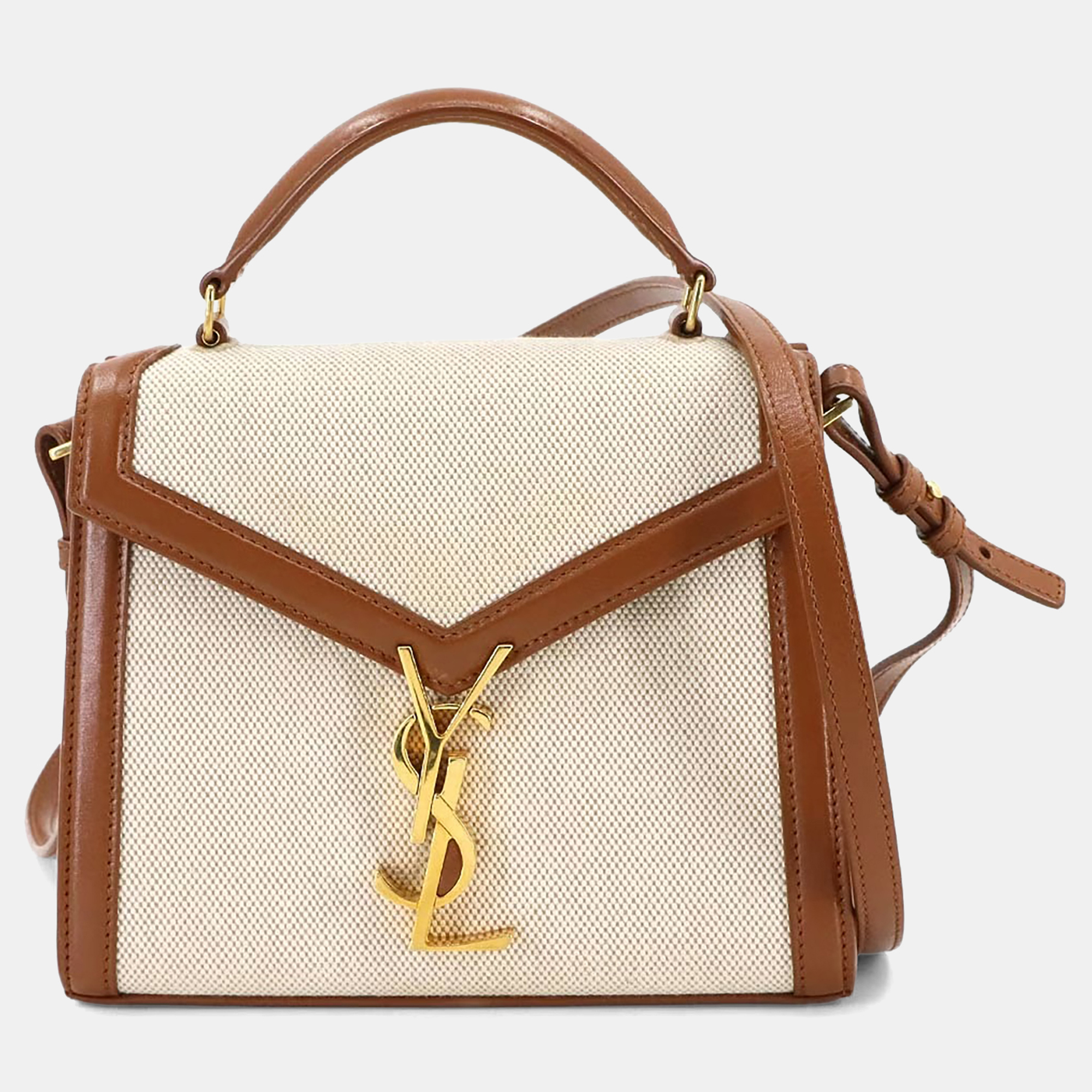

Saint Laurent Cassandra Mini Beige Brown Canvas Leather Shoulder Bag